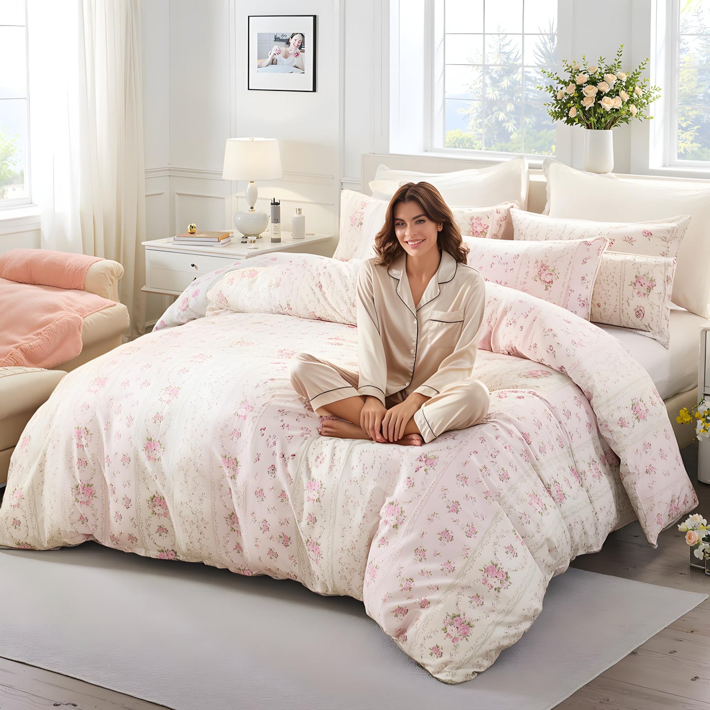 Cozaline Duvet Cover Queen Size - 100% Cotton Reversible Floral Duvet Cover Set with Zipper Closure, 3 Pieces Soft & Breathable Pink Aesthetic Bedding Set
