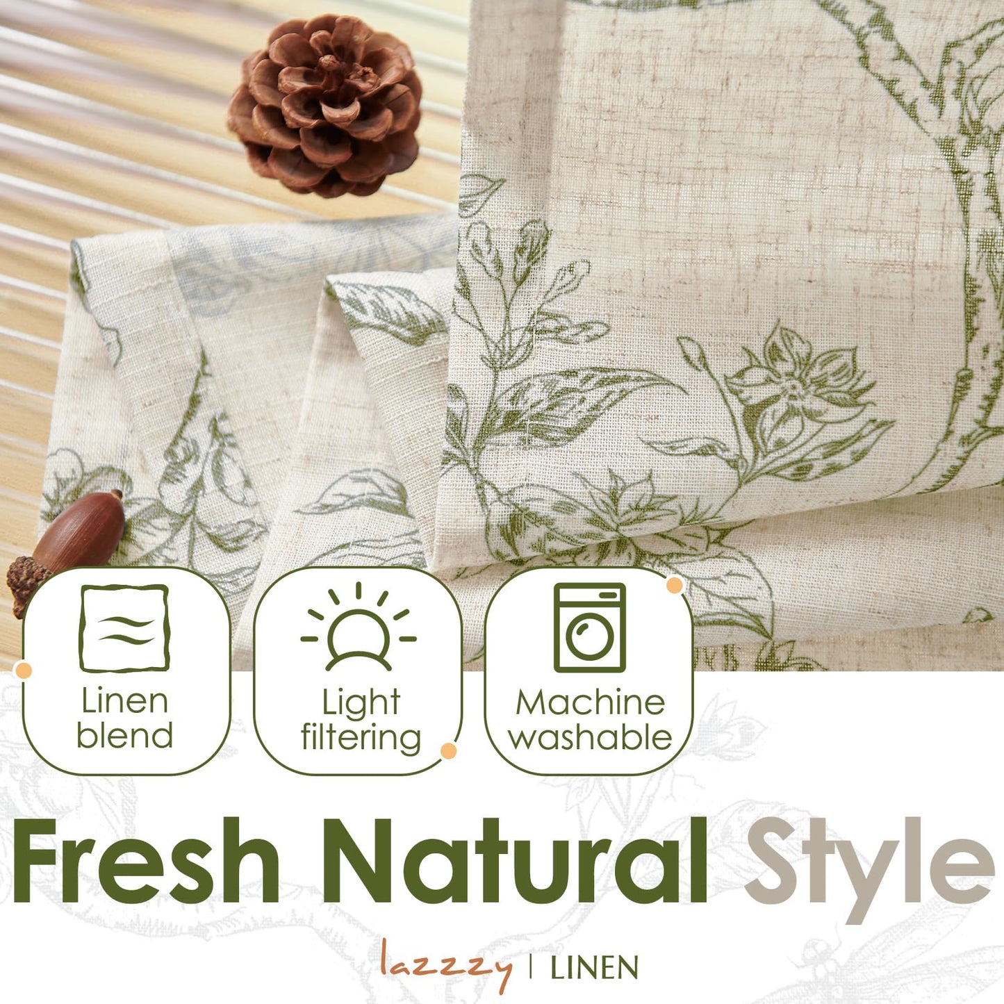 Lazzzy Linen Floral Kitchen Curtains 36 Inch Long, Green Farmhouse Kitchen Window Rustic Country Small Curtains Rod Pocket Tiers, Set of 2, Green on Beige