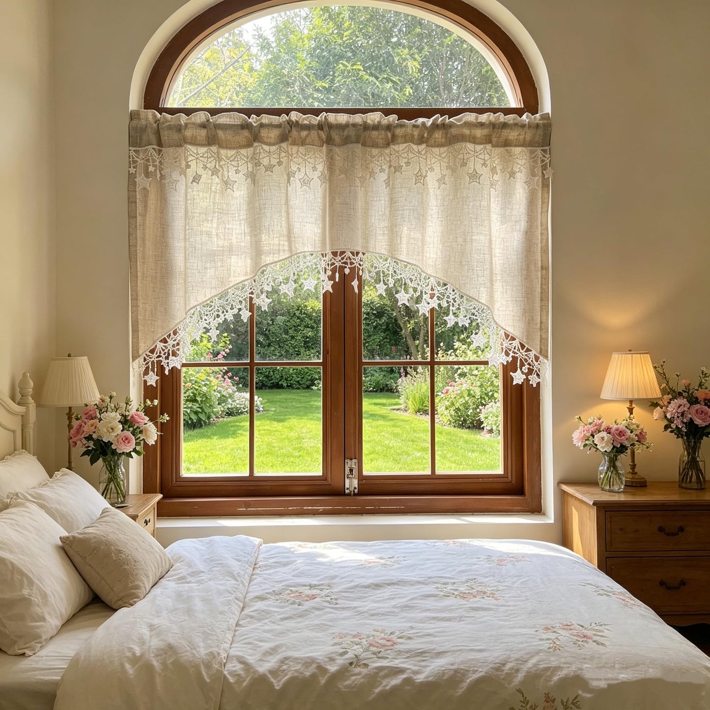 Boho Style Arched Linen Cafe Curtain Valance with Stars Trim Elegant Linen Swag Doorway Curtain Tier for Kitchen Bathroom Bedroom Rod Pocket Top 1 Panel (W39 x L25.5 inch,Beige)