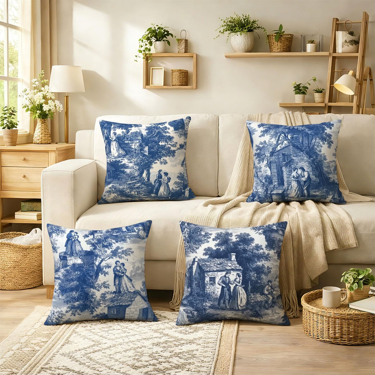Ecixzyo French Throw Pillow Covers 18x18 Inch Set of 4 Pillowcases Outdoor Home Decor for Couch Bed Sofa Living Room