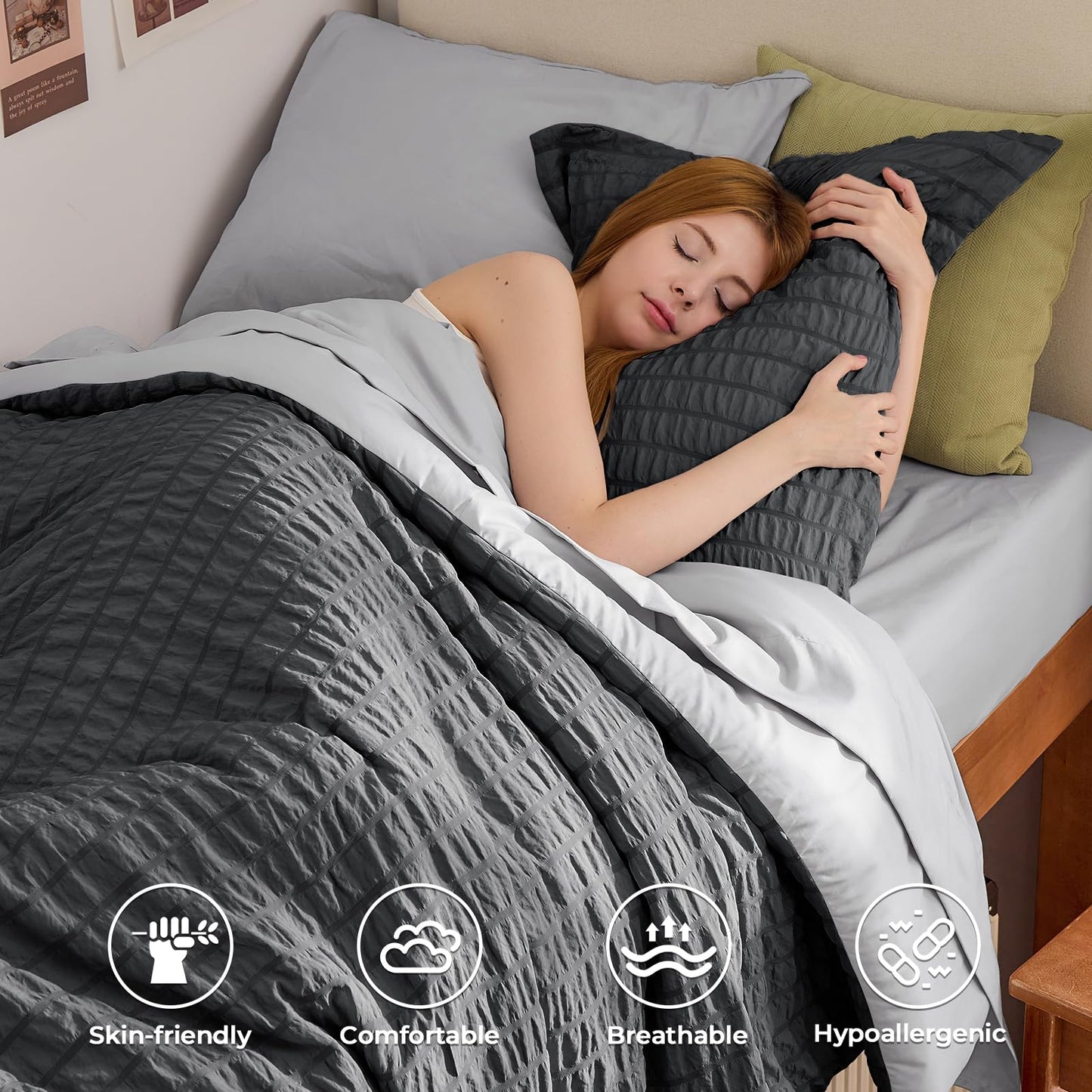 HYMOKEGE Dark Grey/Light Grey Twin Comforter Set Seersucker 5 Pieces, All Season Luxury Bed in a Bag for Bedroom, Bedding Set with Comforter, Sheets, Pillowcase & Sham