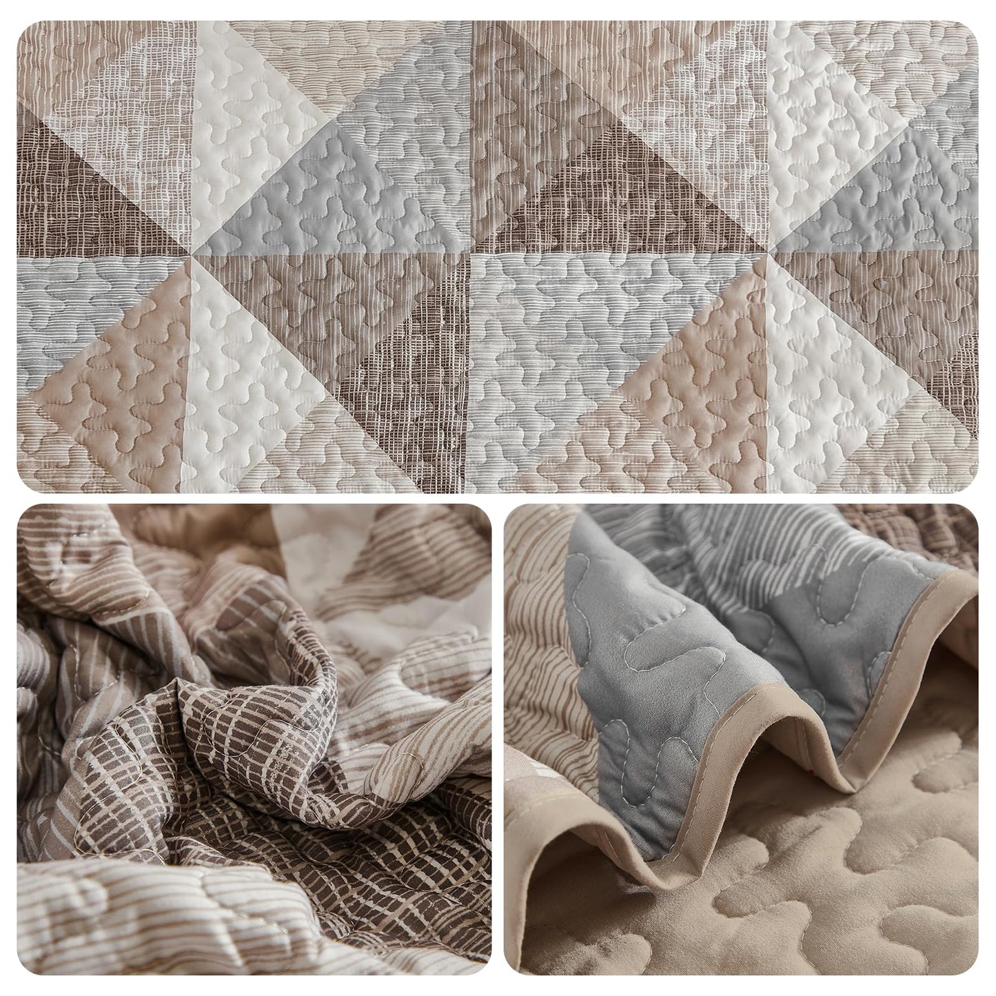 Dintszyayue Dark Brown Quilt Queen Size, 3 Pieces Tan Patchwork Bedspread Bedding, Soft Lightweight Microfiber Geometric Coverlet Set for All Spring Quilt with 2 Pillowcases90 x96