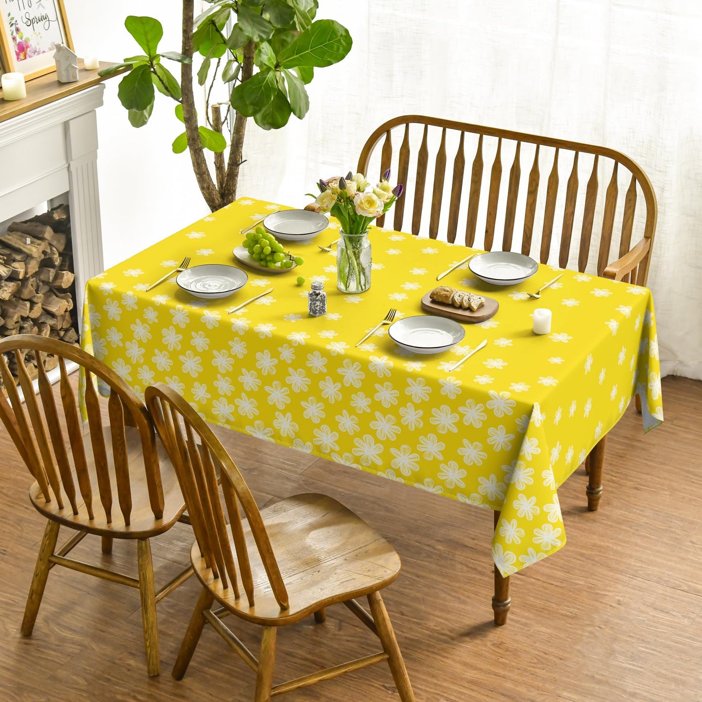 Horaldaily Spring Tablecloth 60×84 Inch Rectangular, Sketchy Style Flowers Yellow Washable Seasonal Table Cover for Party Picnic Dinner Decor