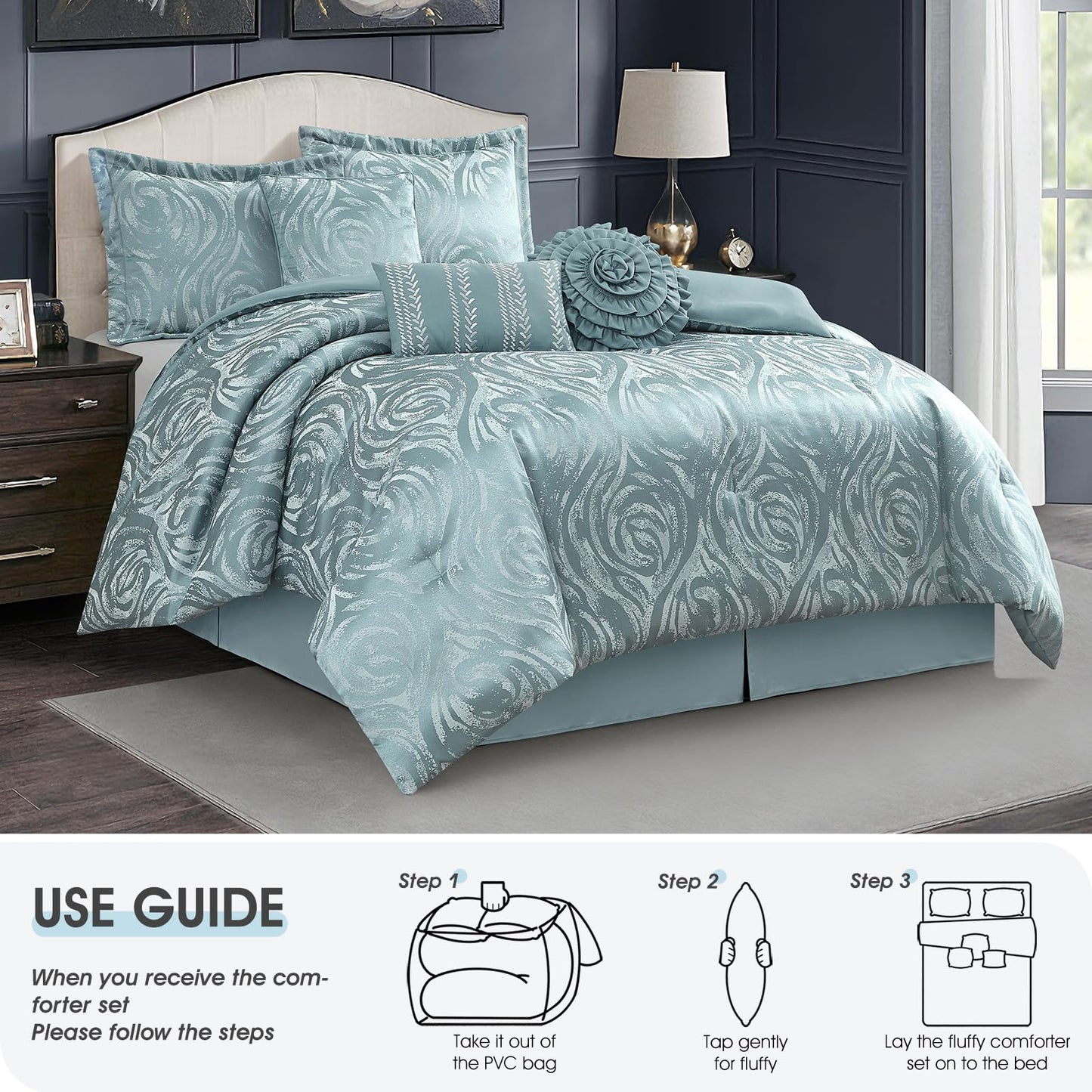 LANCO MODERN LIFESTYLE Blue 7 Piece Comforter Set, King, Elegant Floral Jacquard, Ultra Soft Bed Set for All Seasons, Bed in a Bag, Include Comforter, Bed Skirt, Pillow Shams & Decor Pillows