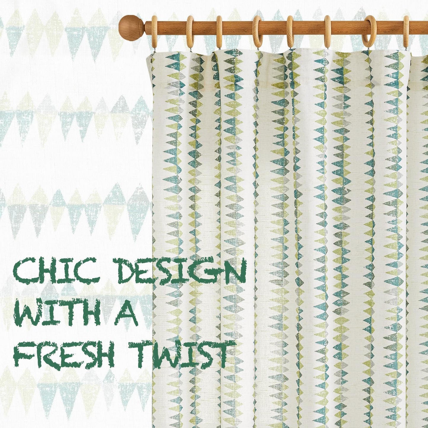 jinchan Linen Nursery Curtains for Living Room Boho Curtains for Bedroom Kids Room 63 Inches Long Geometric Printed Farmhouse Drapes Rod Pocket Window Treatment Curtain Set of 2 Panels Green