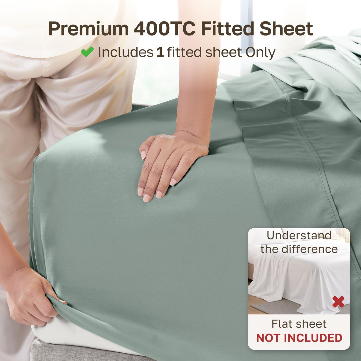 California Design Den Fitted Sheet for King Size Bed, Deep Pocket Soft 400 Thread Count 100% Cotton Sateen, No Pop-Off Elastic, Durable Hotel Quality Bedding, 1 Fitted Sheet Only (King, Sage Green)
