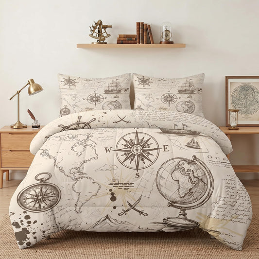Pamnest Comforter Set Queen Size, Adventure Map Vintage Soft 3 Pcs Bedding for Kids and Adults, Rose Nautical Pirate Comforter Set with 2 Pillowcases, for Bedroom Bed Decor