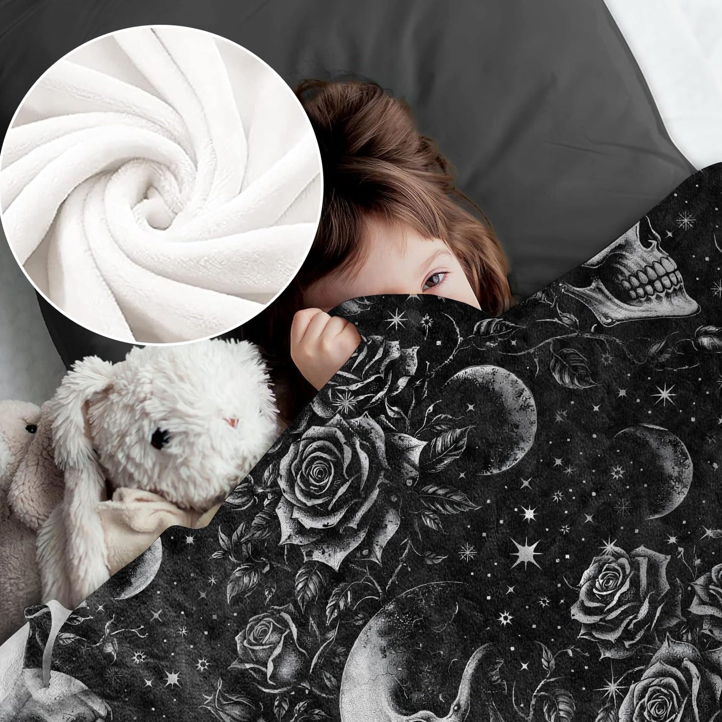 cromcu Skull Throw Blanket Warm Lightweight, Moon Rose Gothic Flannel Blankets Gifts for Women Men Goth Lovers, Home Decor Throws for Couch Sofa Camping Office Travel, Black 60"X50"