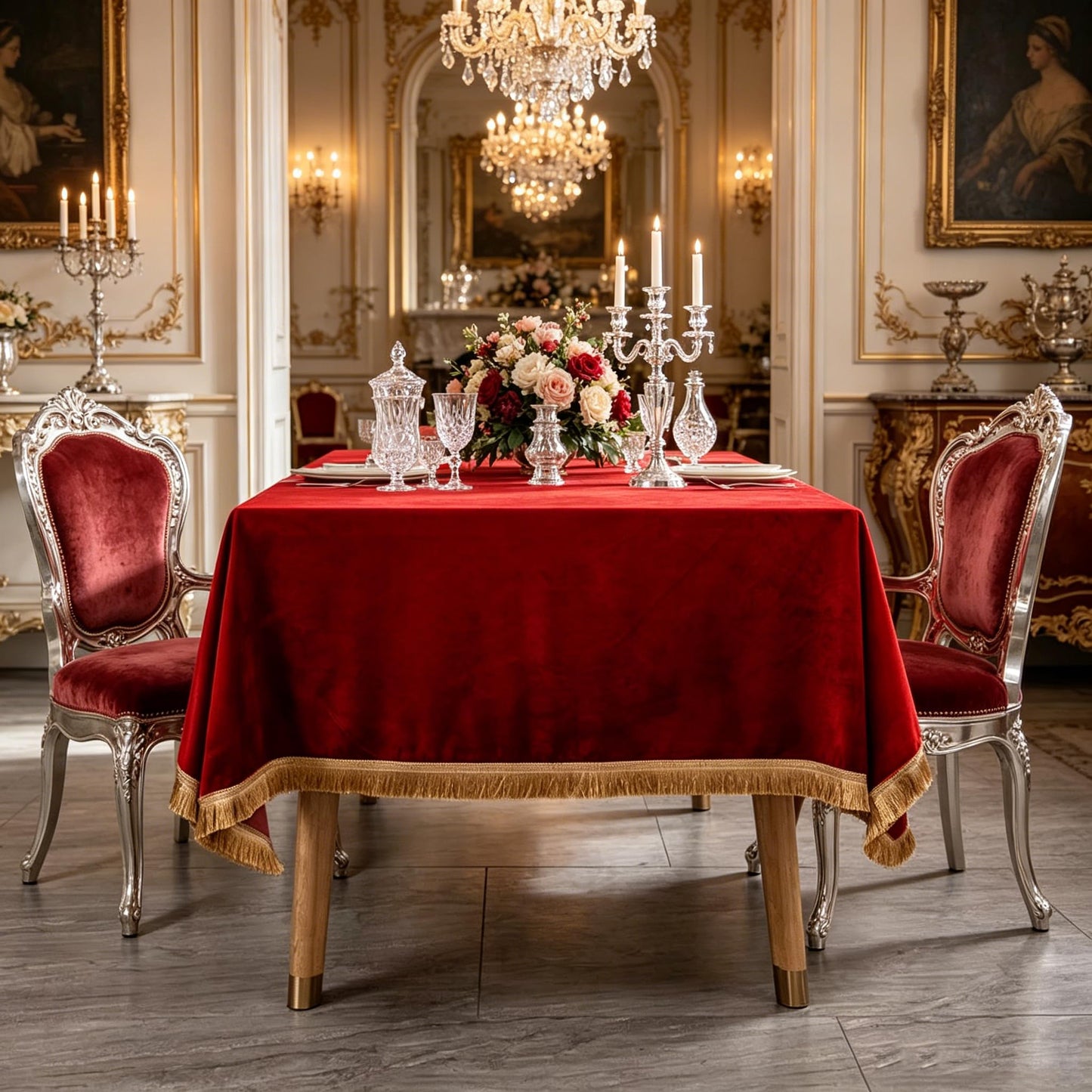 FAIRY KAARI Velvet Tablecloth Luxurious Red Rectangle Table Tablecloth Thickset with Luxurious Gold Tassels Table Cloth for Home Decor Christmas Wedding, Party, Banquet and Events 55X70inch