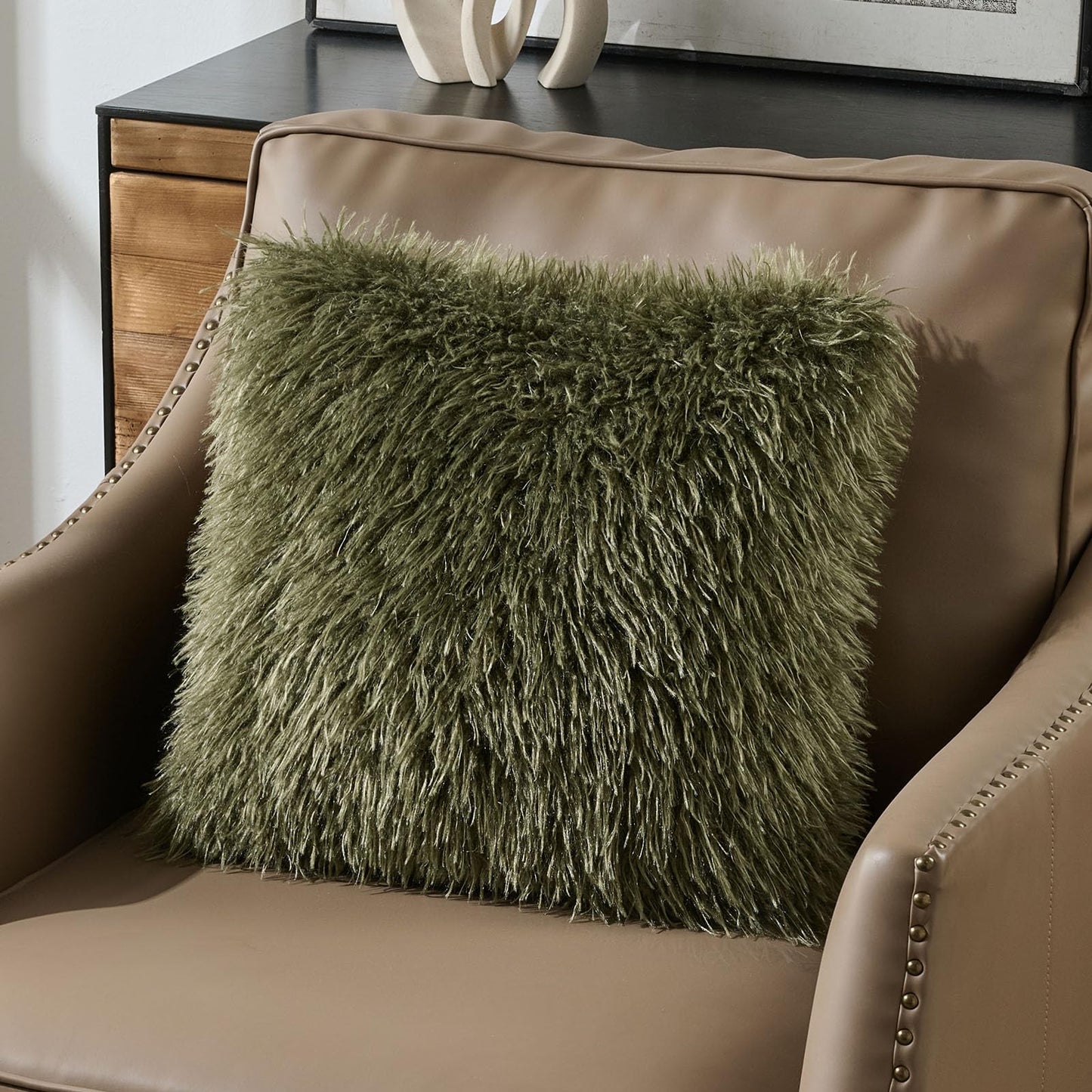 FUTEI Pack of 2 Shaggy Mongolian Faux Wool Throw Pillow Covers 18x18 Inch Soft Fluffy Farmhouse Decorative Cushion Case for Couch Bed Living Room, Olive Green