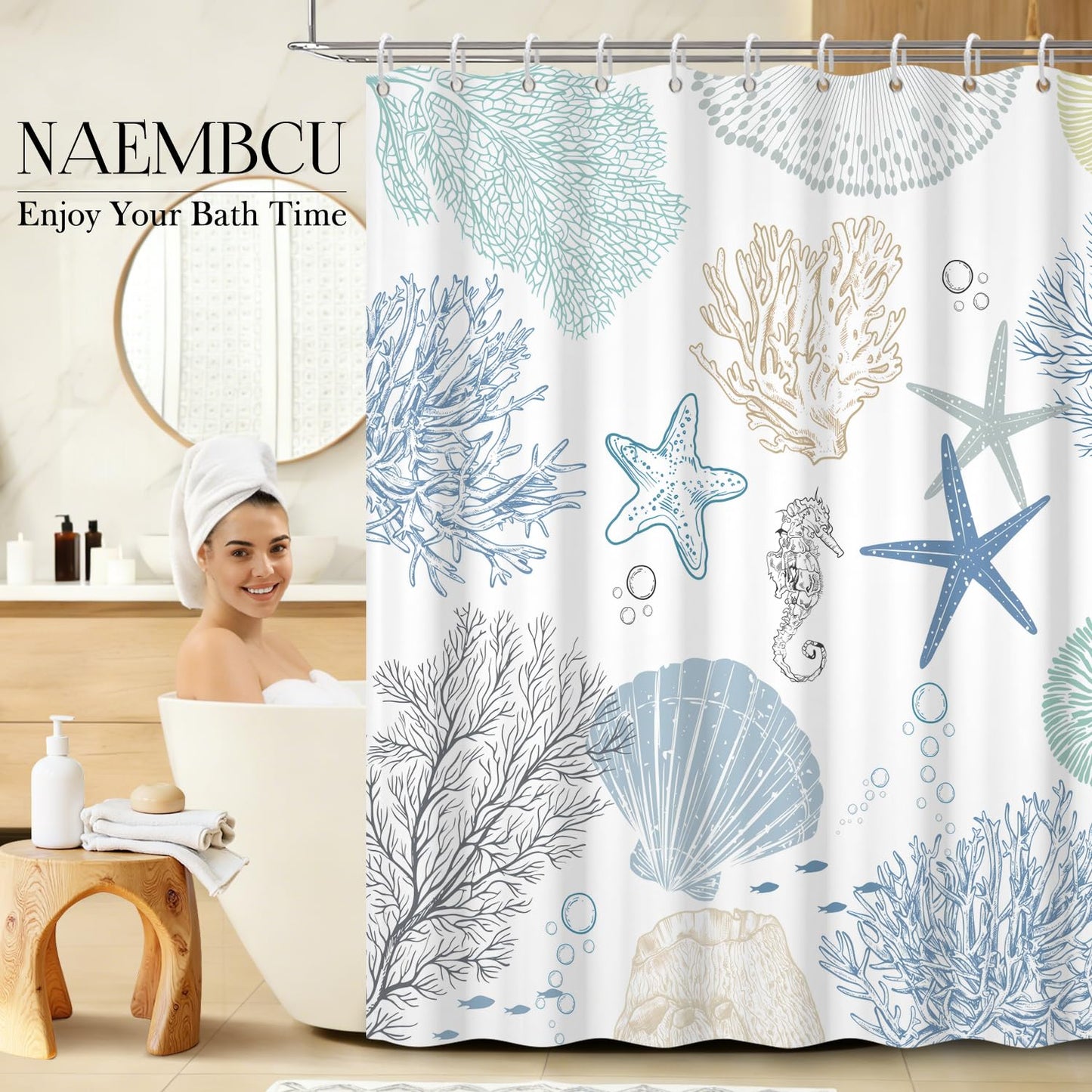 NAEMBCU Coastal Sea Life Shower Curtain with Hooks - 72x72 Inch Waterproof Fabric Ocean Bathroom Curtain with Starfish, Coral & Seashell Print, Bath Curtain for Beach Hotel House Decor