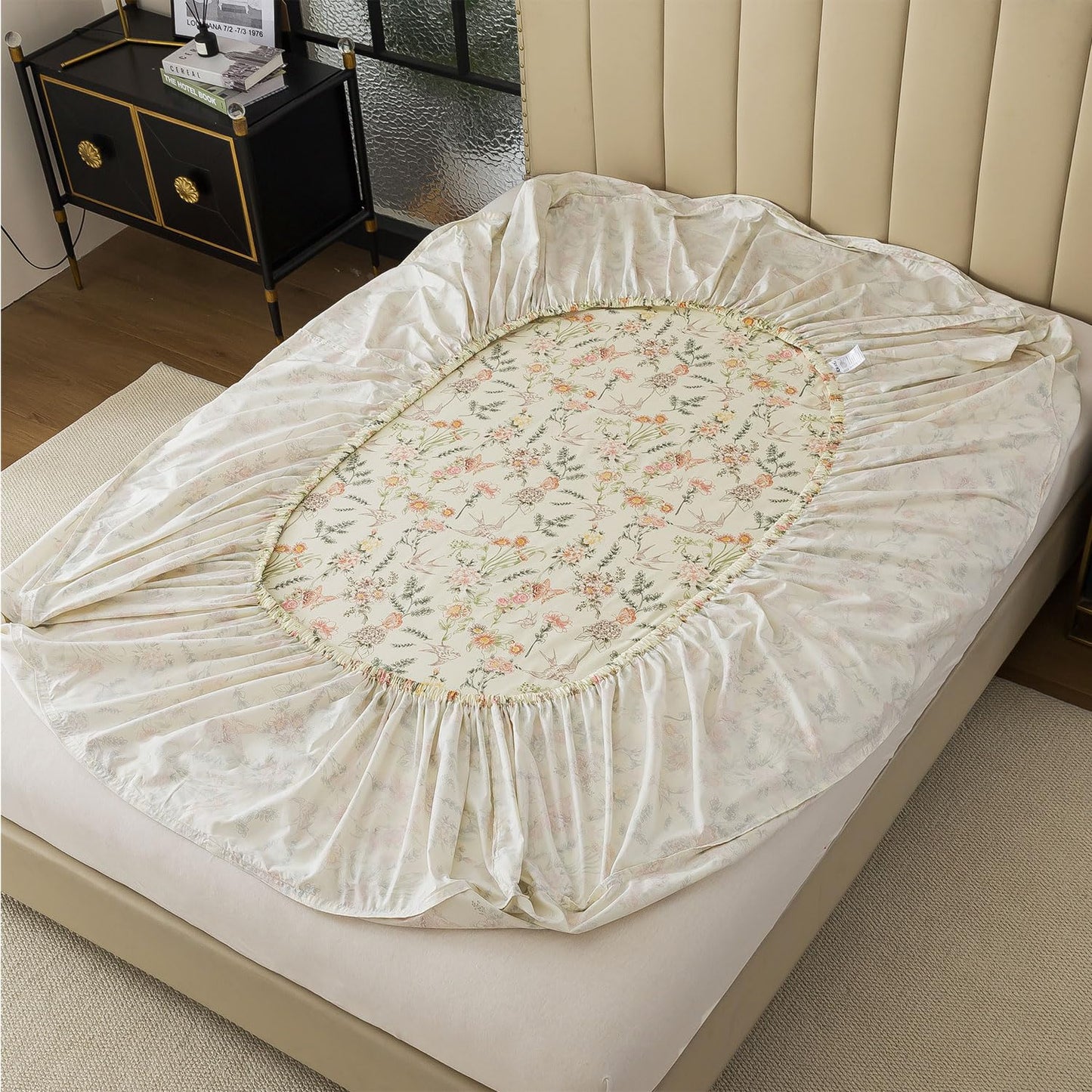 FADFAY Queen Size Sheets Set – 4 Pieces 100% Cotton Deep Pocket Fitted Sheet, Crisp, Breathable & Soft, Country Style Floral & Butterfly Pattern for All Seasons