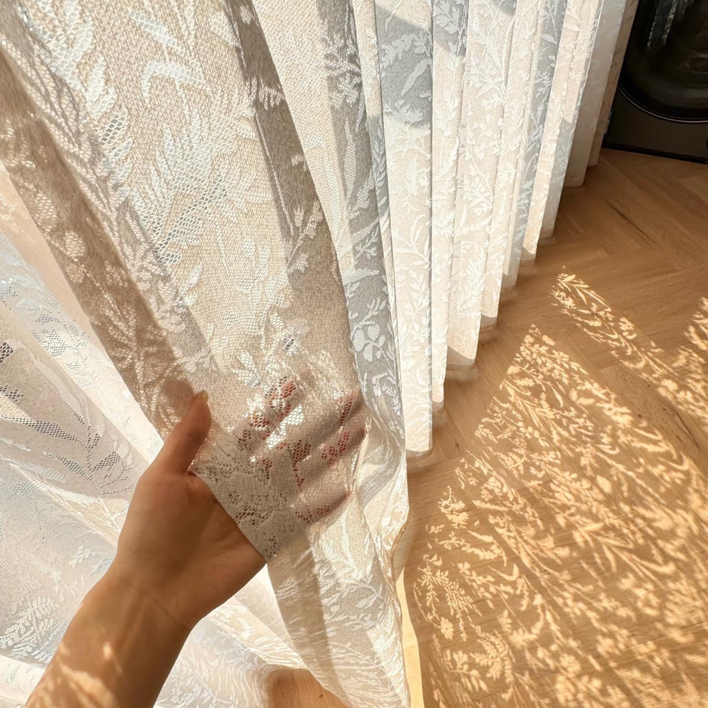 LANTIME Natural Off White Pinch Pleated Lace Sheer Curtains 84 Inch Long for Bedroom Living Room, Soft Thick Textured Window Drapes Light Filtering Semi Curtains, 52" W x 84" L, Set of 2