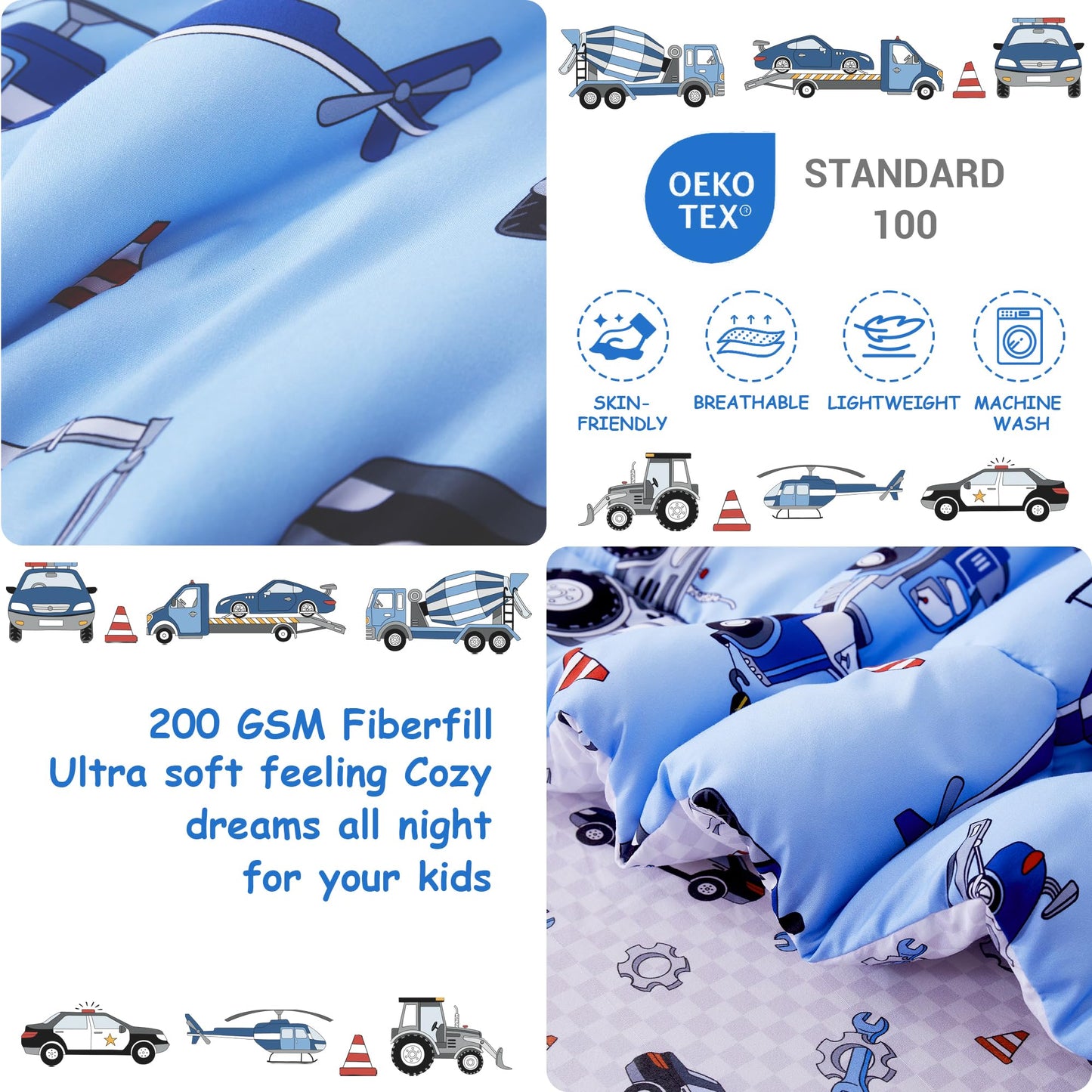 Mooreeke 4 Pieces Toddler Bedding Set - Blue Cool Police Car Plane Toddler Comforter Sets for Boys, Includes Comforter, Flat Sheet, Fitted Sheet and Pillowcase, Bed in A Bag for Baby Bedroom