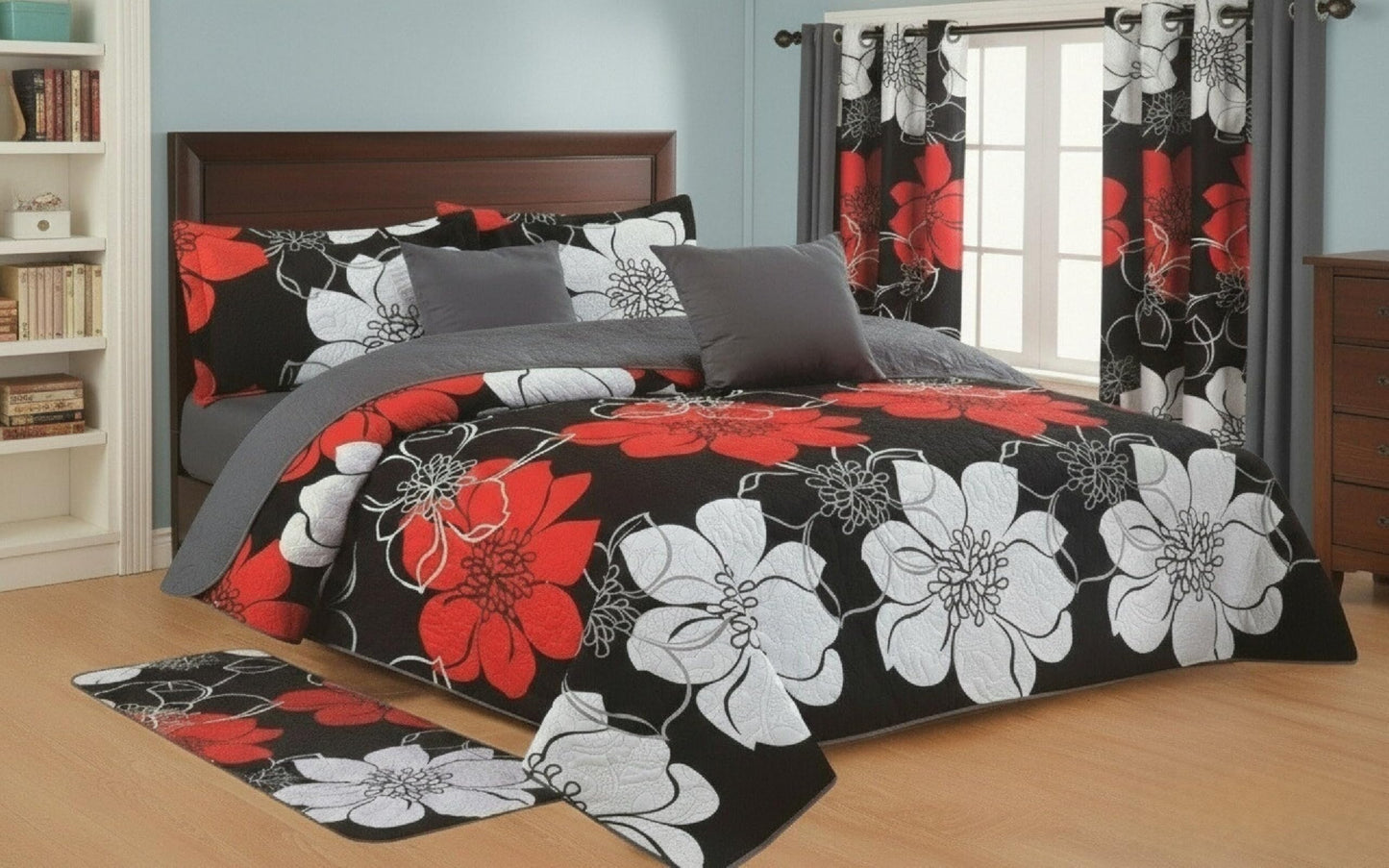 JKCCZLL Queen Size Quilt 12 Piece Set Floral Bedding with Matching Curtains Fitted Sheet Black Queen