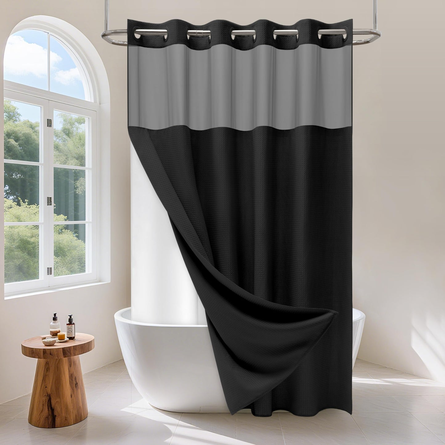 PILOTSHARK No Hook Waffle Weave Shower Curtain Set with Snap-in Fabric Liner and Mesh Top Window,256GSM Heavy Duty Fabric,Black Washable Luxury Shower Curtain for Bathroom Stalls (72x75 Inch)