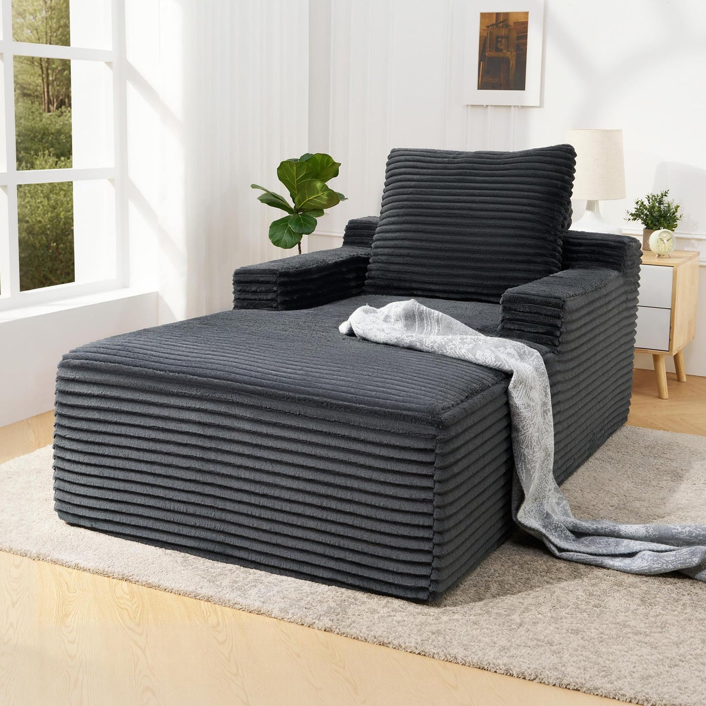 VanAcc 65" Chaise Lounge Sofa, Luxury Corduroy Sleeper Chaise with Armrests and Throw Pillows, No-Assembly Couch for Living Room or Apartment, Gray