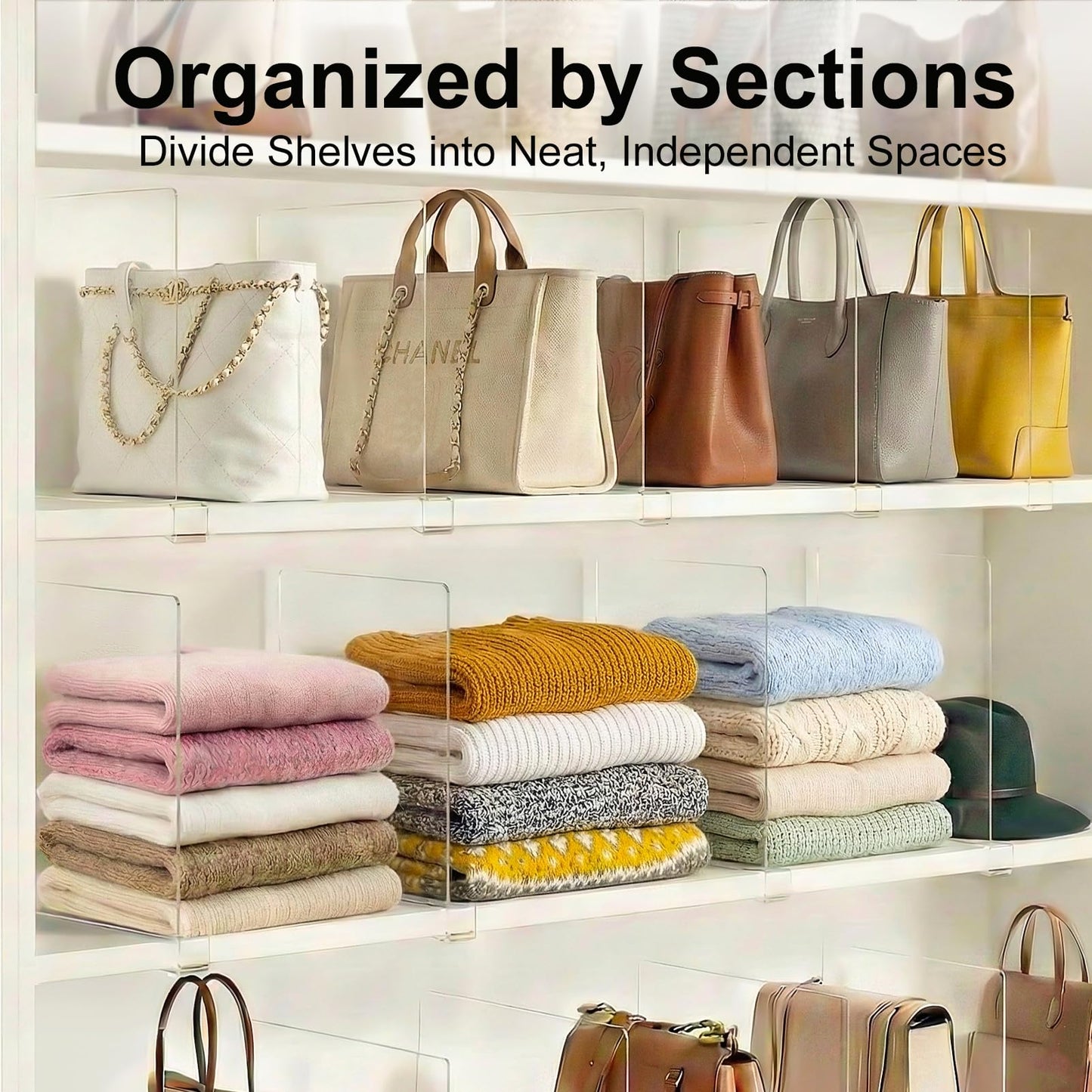 Saccik Purse Organizer for Closet Shelf Dividers: 11-inch Tall (Higher Version) Adjustable Clear Acrylic Bag Storage Organizer for Handbags, Sweaters, Towels, Jeans and Shoes on Wood Shelves 4-Pack