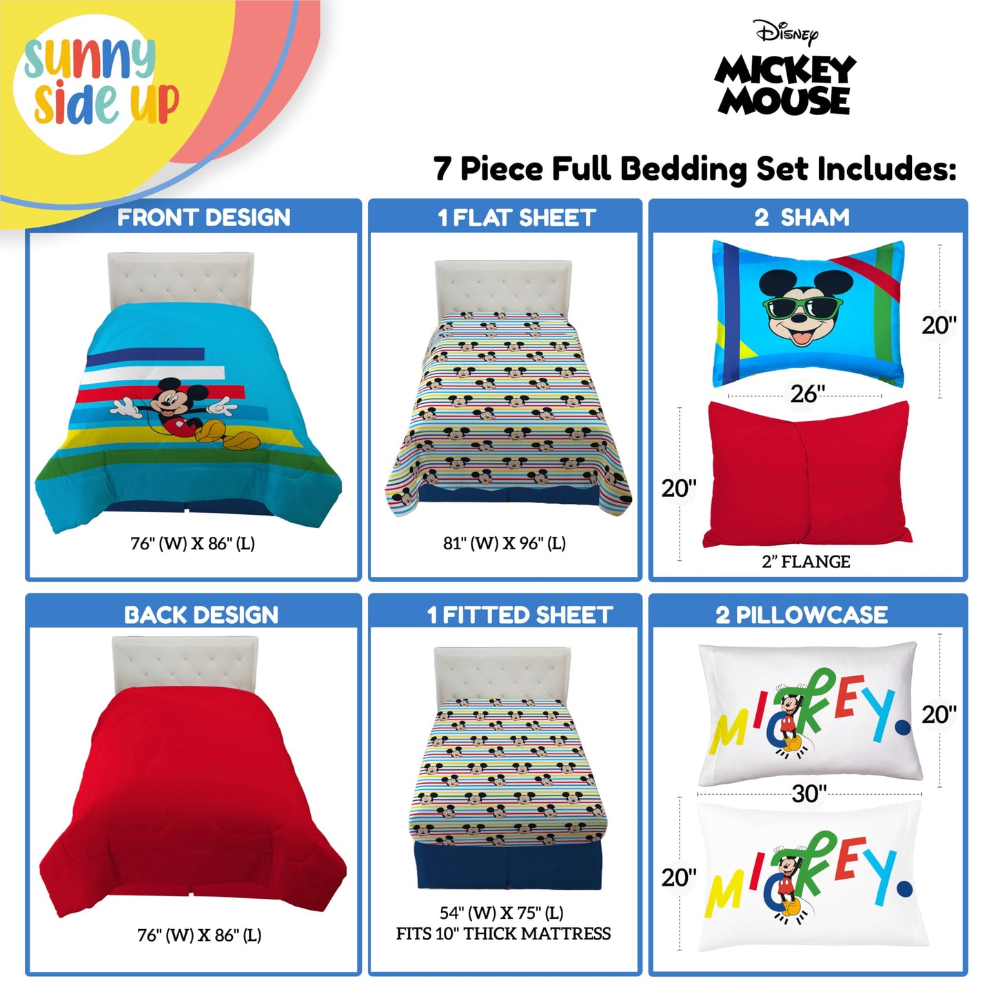 Sunny Side Up Disney Mickey Mouse Full Comforter Set - 7 Piece Kids Bedding Includes Comforter, Sheets & Pillow Cover - Super Soft Microfiber Bed Set
