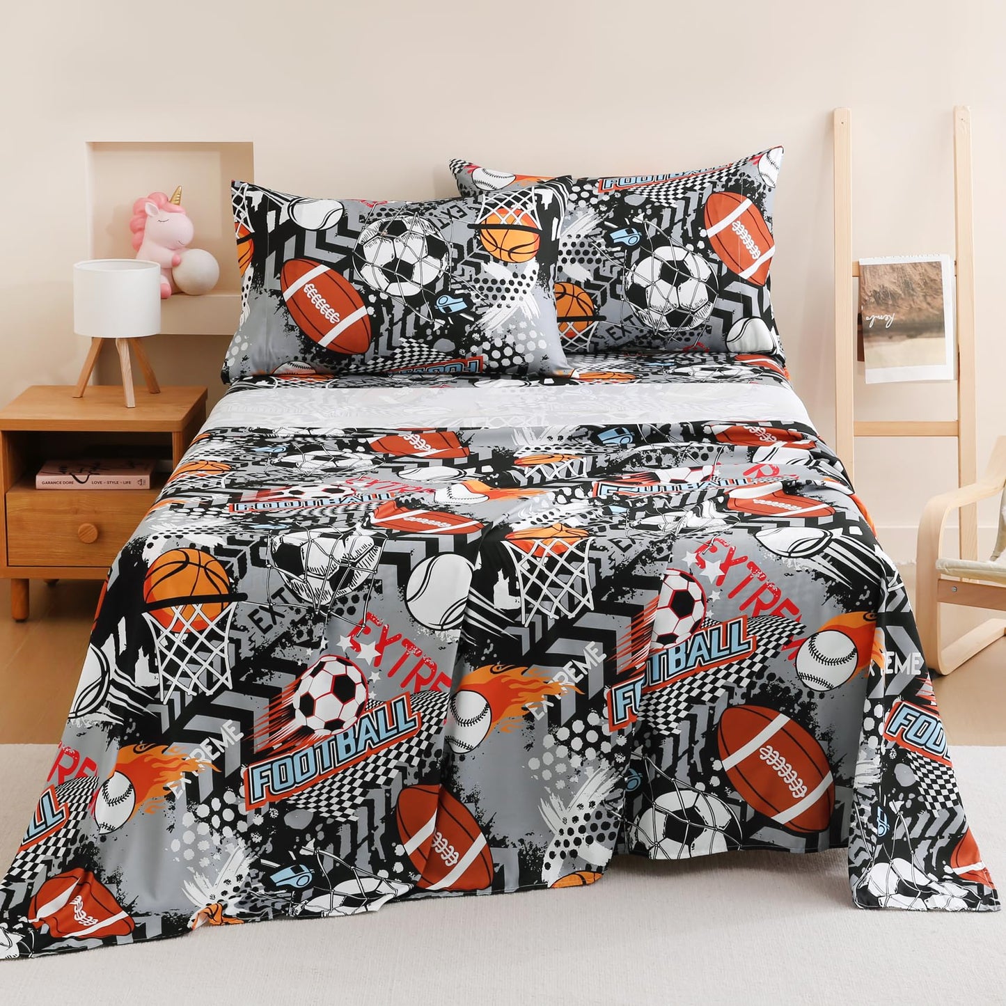 Yibeizi Grey Sports Sheet Set for Boys Full, Kids Football Basketball Baseball Print Bedsheets Microfiber Deep Pocket Cute Patterned Bed Sheet & Pillowcase Sets 4 Pieces
