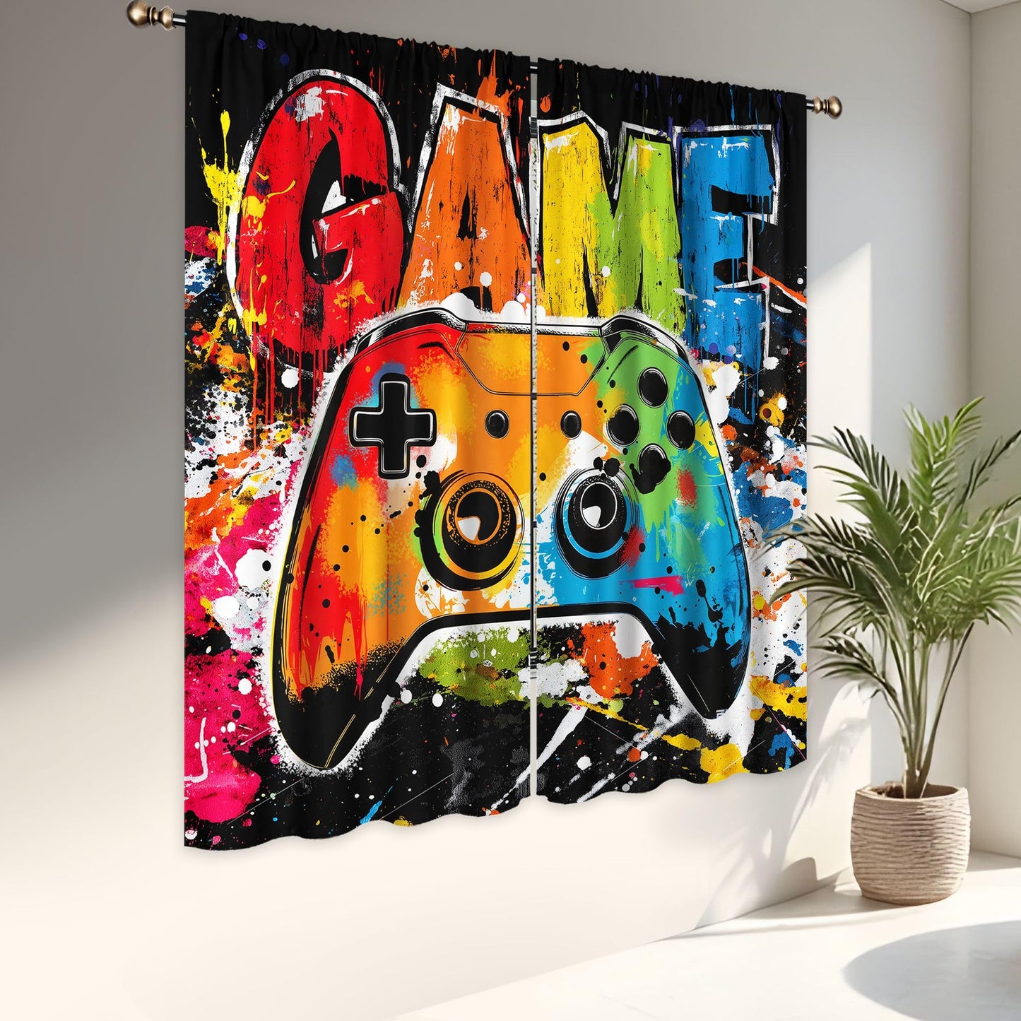 LIGHTINHOME Gaming Curtains 42Wx63H Inch Video Game Graffiti Kids Controller Gamepad Cool Gamer Rod Pocket Boys Bedroom Living Room Window Drapes Treatment Fabric 2 Panels