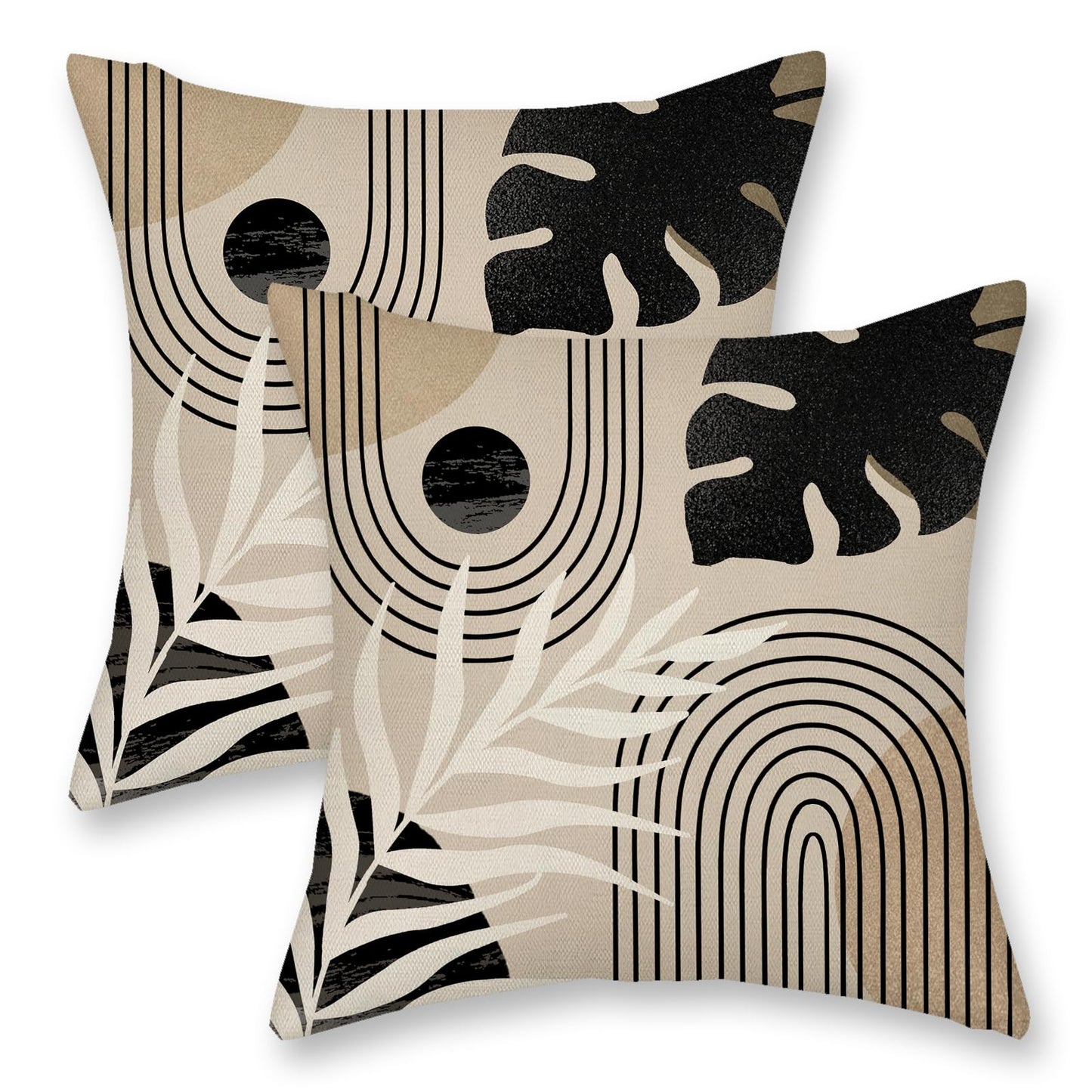 DAFENA Black Boho Pillow Covers 18x18 Inch 2 Pcs Beige Brown Tropical Leaf Mid Century Summer Outdoor Decor Throw Pillows Modern Geometry Farmhouse Decoration Pillowcase Linen Cushion Cover for Couch