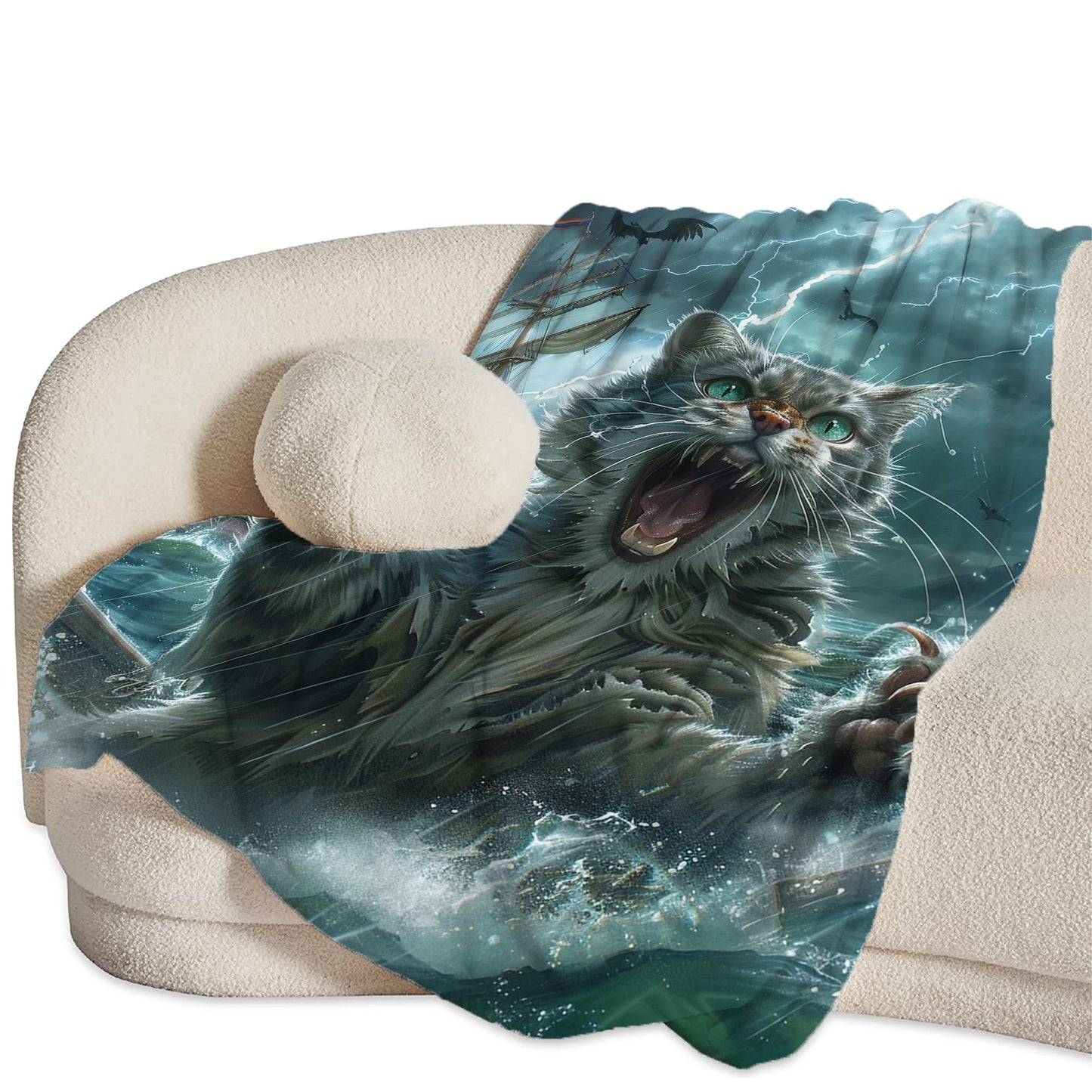 Funny Cat Blanket Nautical Boat Throw Blanket Ocean Gifts and Decor Cat Blanket for Girls Boys Women Men Kids Adults Soft Warm Cozy Fleece Blanket for Couch Sofa Bed 50"x40"