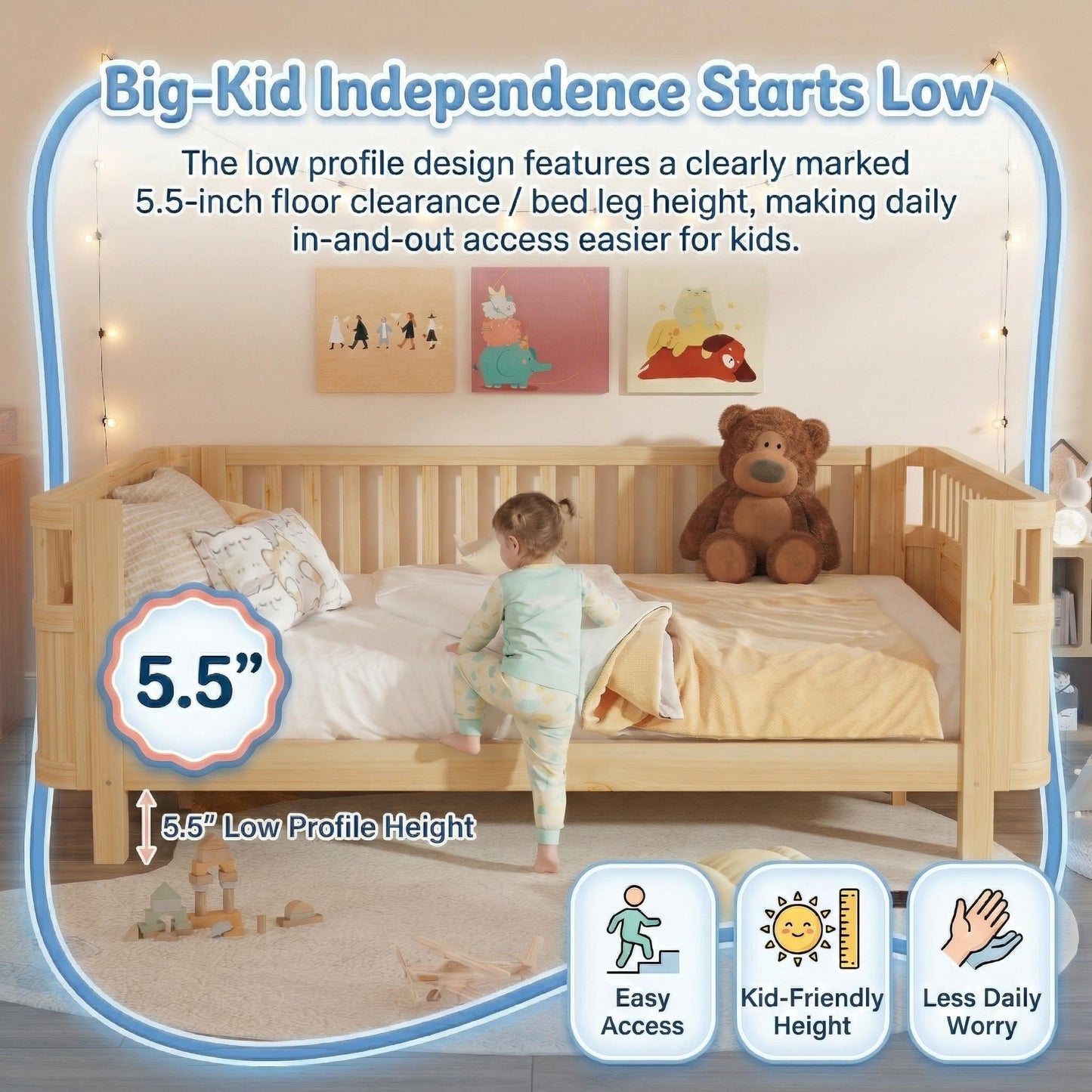 Duxelifin Queen Bed Frame for Kids with Rails, Low Profile Montessori Queen Bed with Detachable Side Rail, Solid Pine Wood Kids Daybed with Headboard, Footboard & Slat Support for Boys Girls, Natural