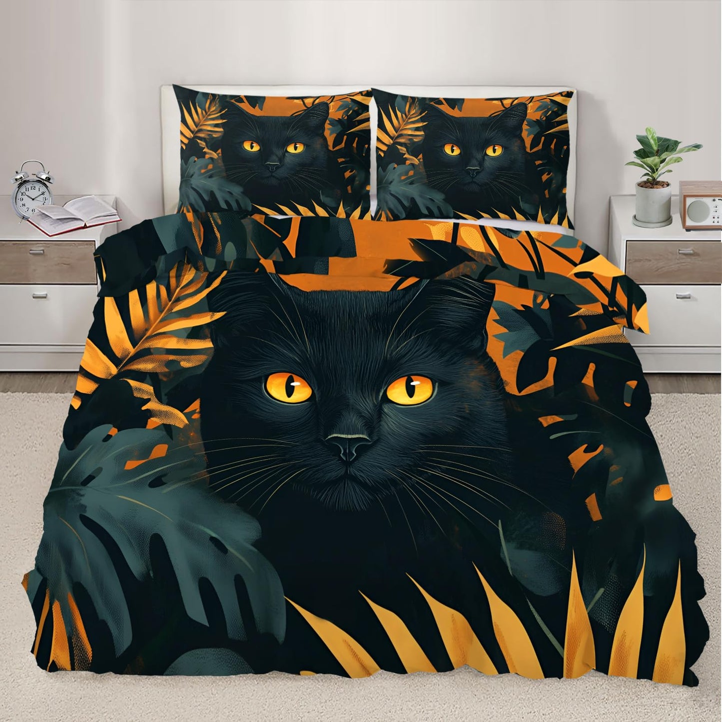PAISUOQ Cat Print Bedding Sets Full Tropical Leaves Comforter Cover with Zipper Ties, Cartoon Animal Duvet Cover with 2 Pillowcases, 3 Pieces，Bedroom Decor & Gifts