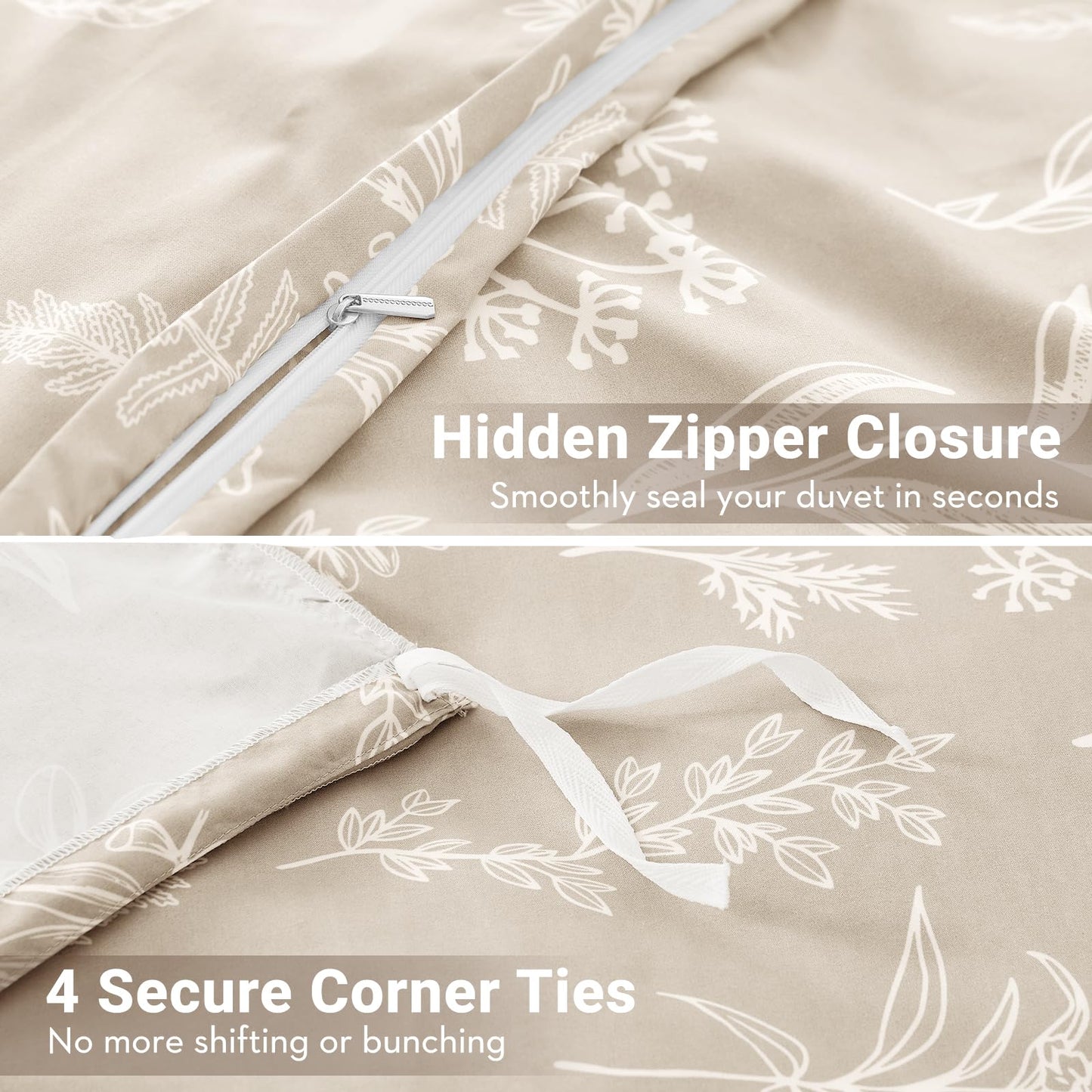 MUXHOMO Duvet Cover Queen Size, Reversible Floral Beige Duvet Cover Set with Zipper Closure, 3 Pieces Botanical Patterns Soft Microfiber Bedding Set with 4 Ties (90"x90", 2 Pillow Cases)