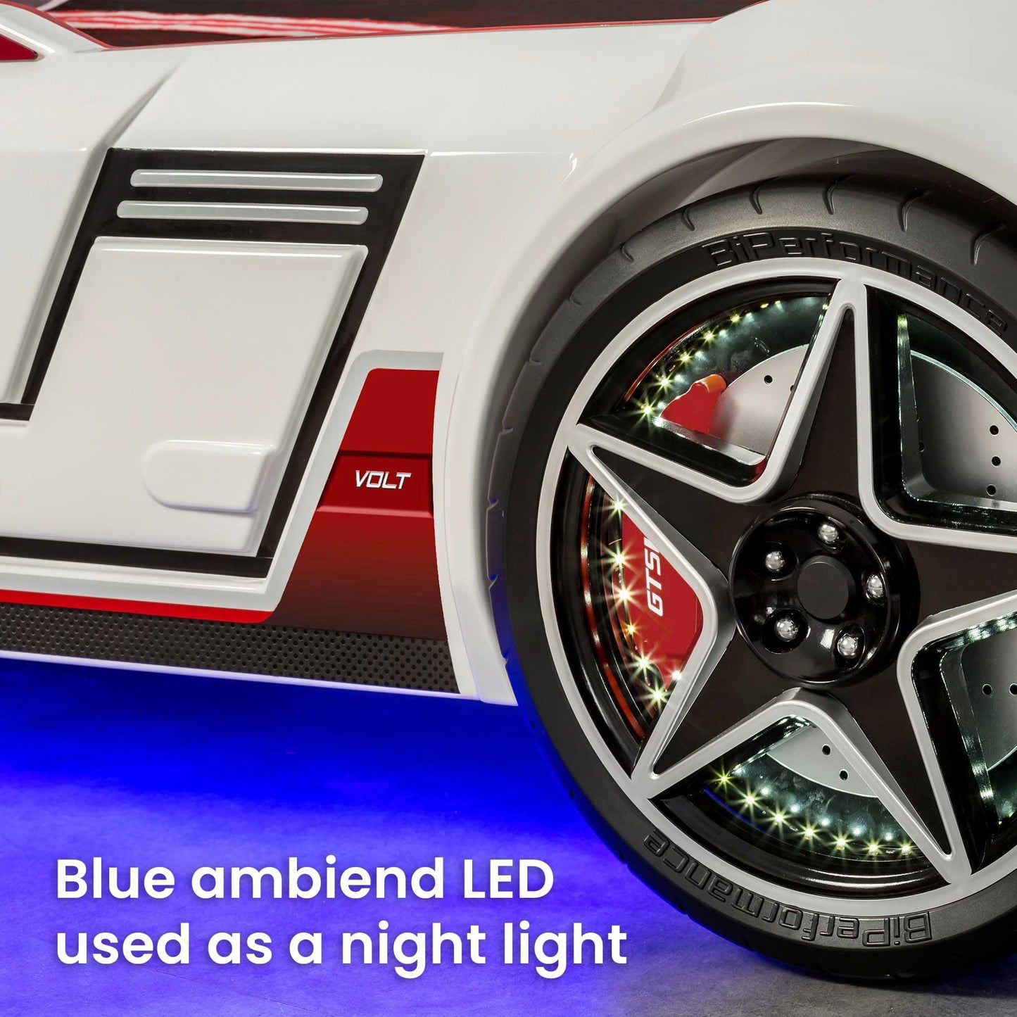 Cilek GTS EV Twin Kids Race Car Bed with Remote Control, LED Lights & Sounds, Vegan Leather Headboard, Guardrails, Non-Toxic, Fits Twin Mattress, White