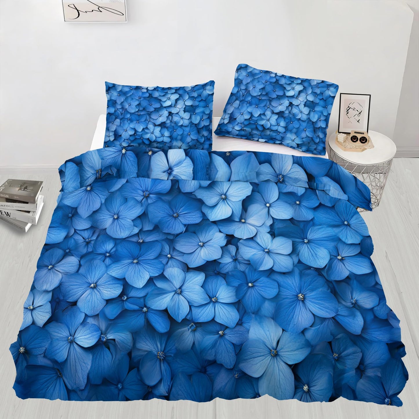 GKPLY Blue Floral Duvet Cover Queen, Nordic Florals Bedding Set & Home Decor, Navy Blue Comforter Set, Zipper & Ties, Reversible Print Soft Microfiber Bedding Duvet Cover & 2 Pillow Cases,