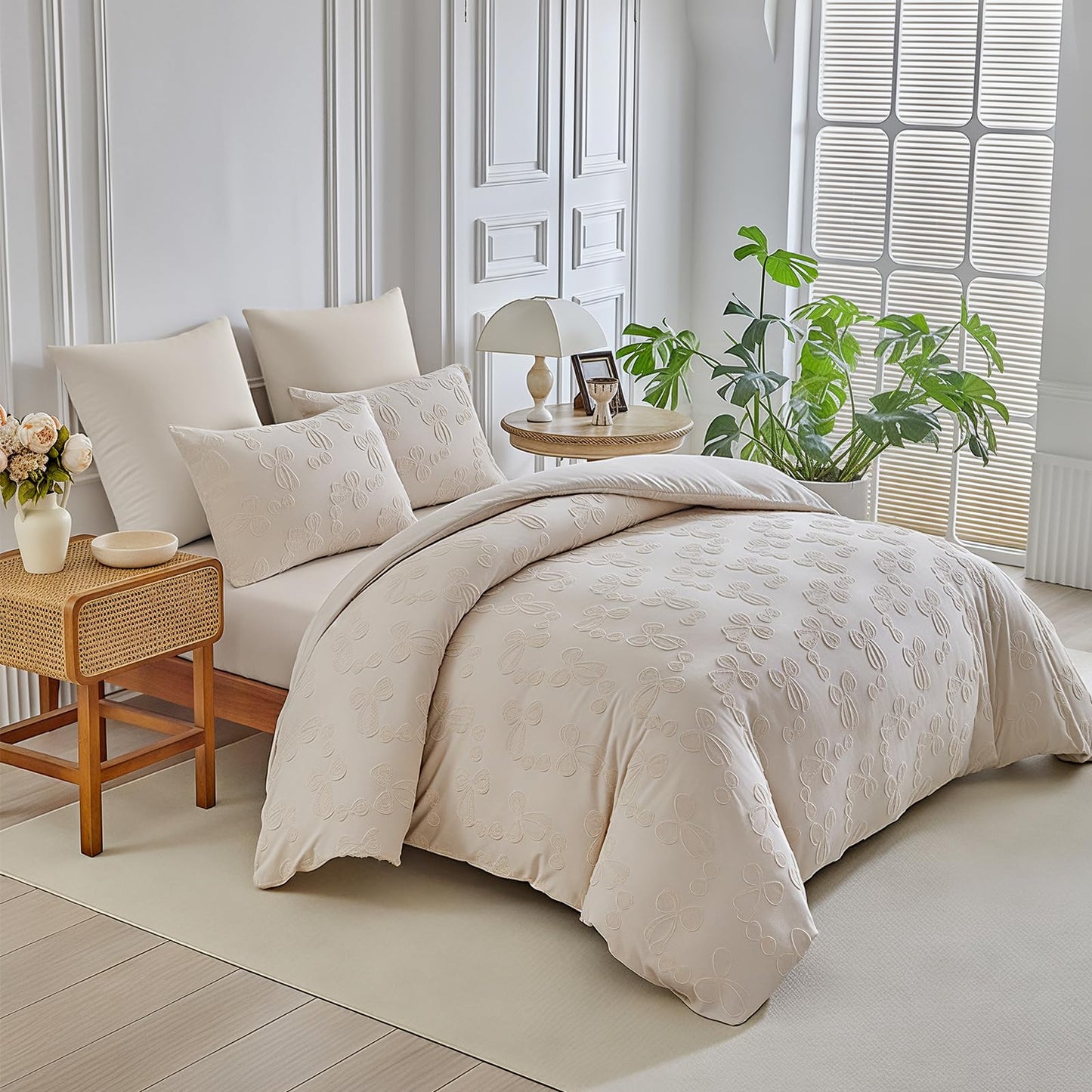 Jameswish 7 Pieces Bow Comforter Set for Girls Khaki Tufted Boho Bedding Set Queen Size Farmhouse Bed in A Bag as Gifts (1 Comforter, 1 Flat Sheet, 1 Fitted Sheet, 2 Pillowcase and 2 Pillow Sham)