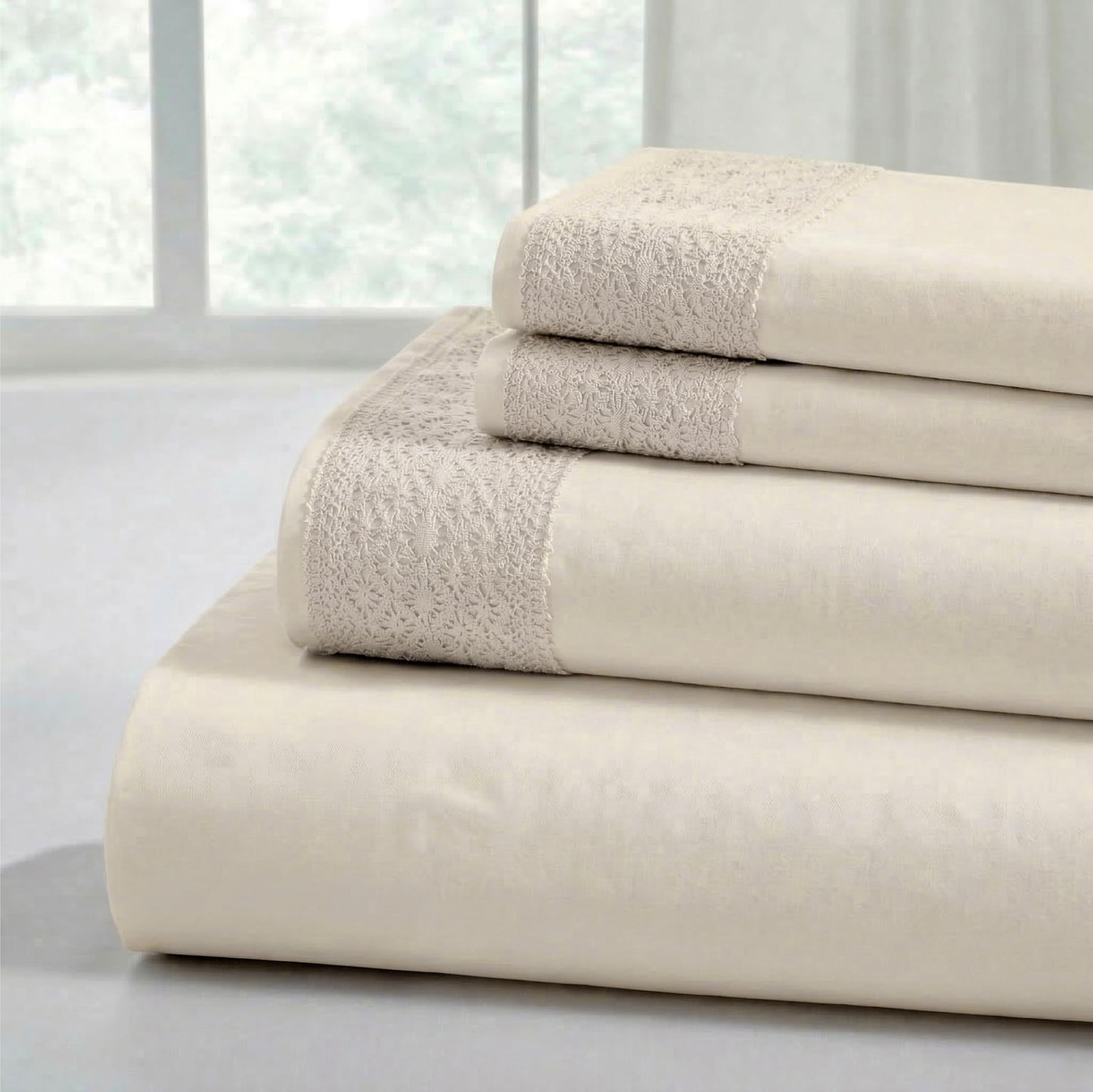 Modern Threads 4 Piece Microfiber Sheet Set – Soft Cooling Bed Sheets with Crochet Lace – Deep Pocket, Wrinkle Free, Breathable, Hotel Luxury Bedding, Beige, Queen