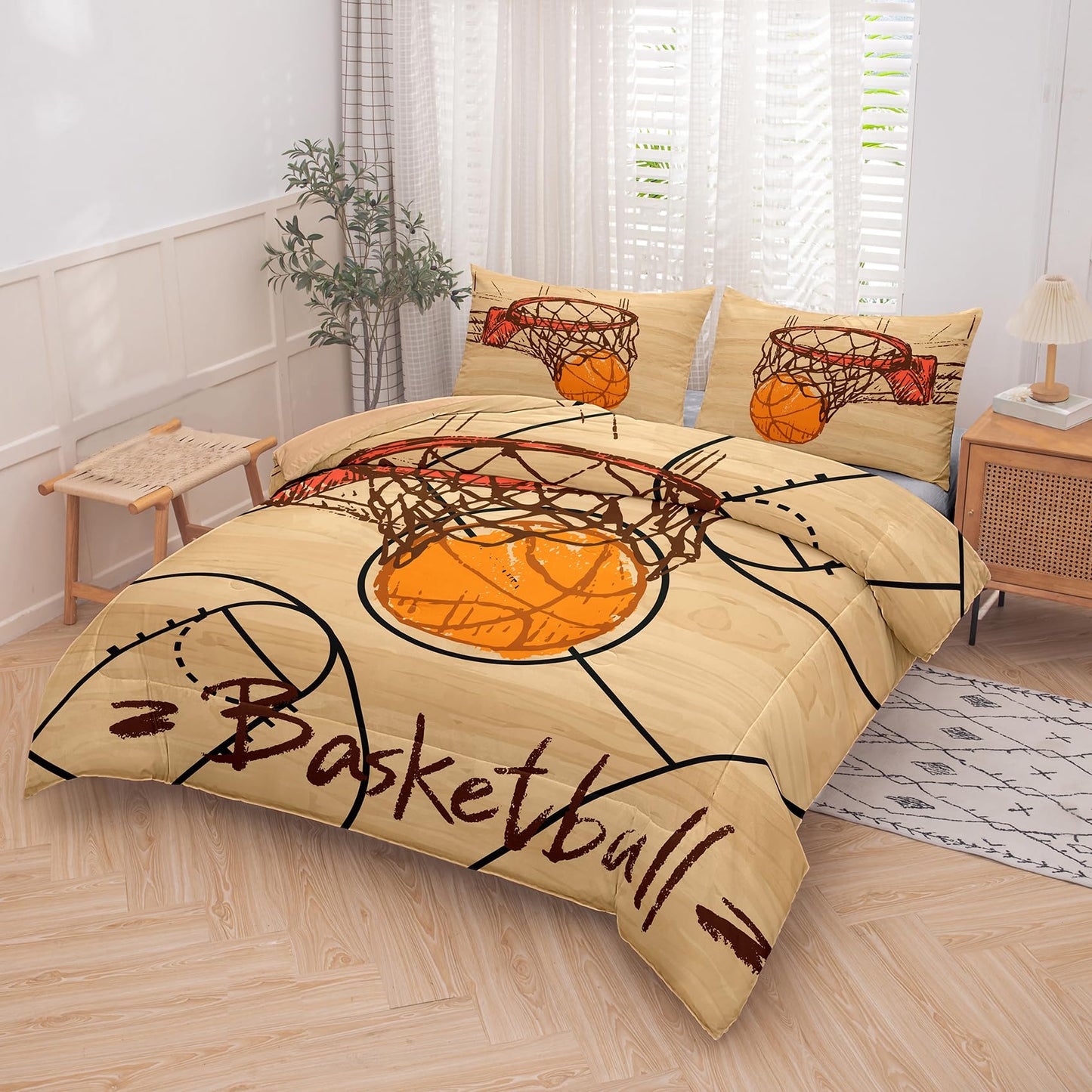 Peopleareok Basketball Comforter Set Twin (68x86 Inch), 3D Printed Basketball Theme Comforter, 2 Pieces Soft Microfiber Bedding Set for Boys Kids with 1 Pillowcase