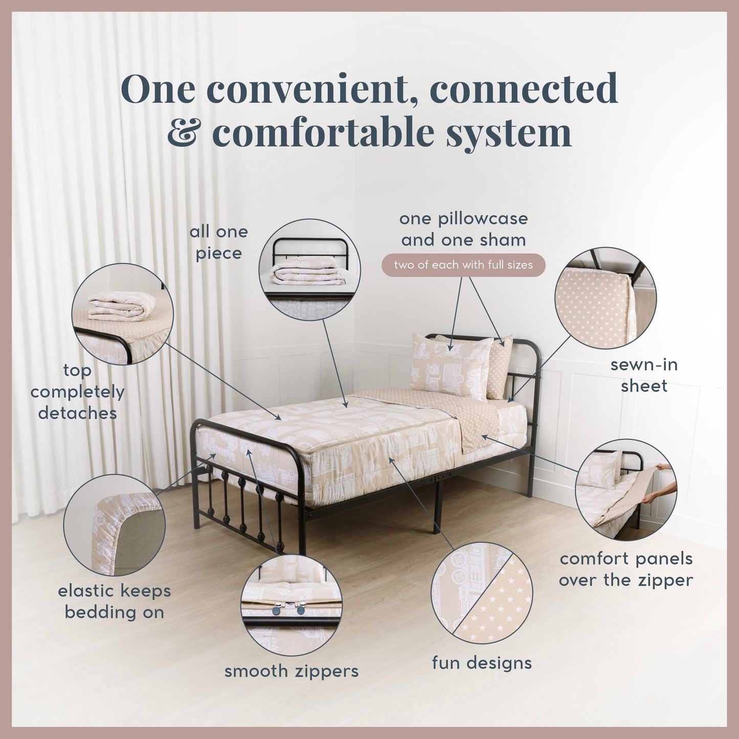 Beddy's Mack Trucks Theme Durable Zipper Bedding for Kids - Bed in a Bag - Tan Sheets & Comforter with Construction Trucks & Cars - Includes Pillowcase & Sham - Easy to Make & Wash - Twin