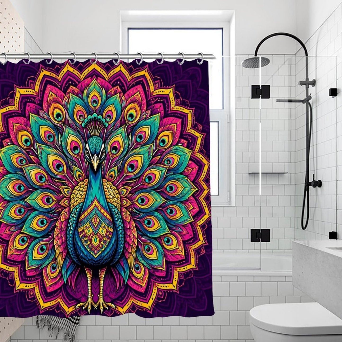 Mandala Shower Curtain Neon Mandala Peacock Bathroom Decor Waterproof Polyester Fabric with Hooks Durable Wrinkle Resistant 70.8x70.8Inch (180x180cm)