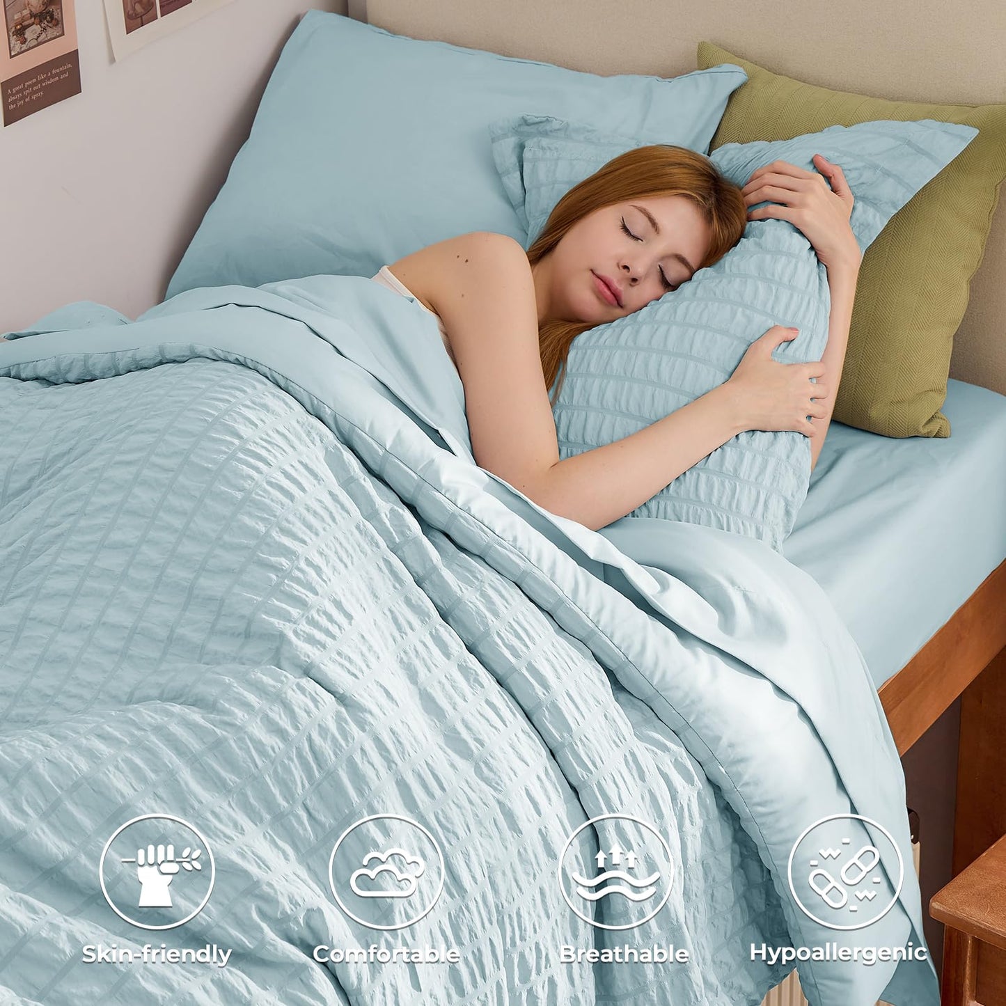 HYMOKEGE Lake Blue Twin Comforter Set Seersucker 5 Pieces, All Season Luxury Bed in a Bag for Bedroom, Bedding Set with Comforters, Sheets, Pillowcase & Shams