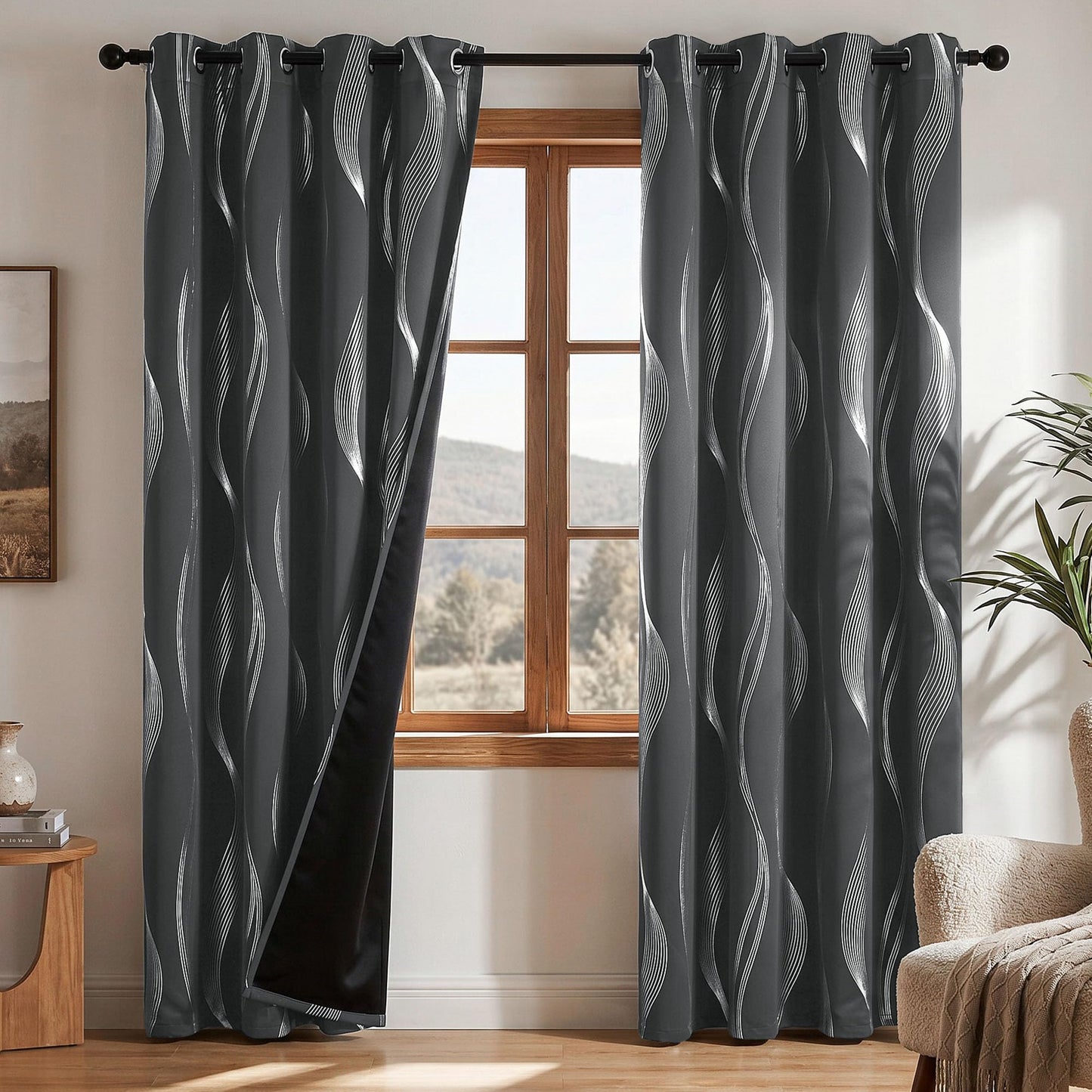 Deconovo Silver Foil Wave Pattern Total Blackout Curtain Panels, Living Room Curtains, White Grommet Top, 2 Panels Set, 52W x 84L, Dark Grey