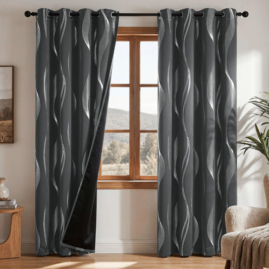 Deconovo Silver Foil Wave Pattern Total Blackout Curtain Panels, Living Room Curtains, White Grommet Top, 2 Panels Set, 52W x 84L, Dark Grey