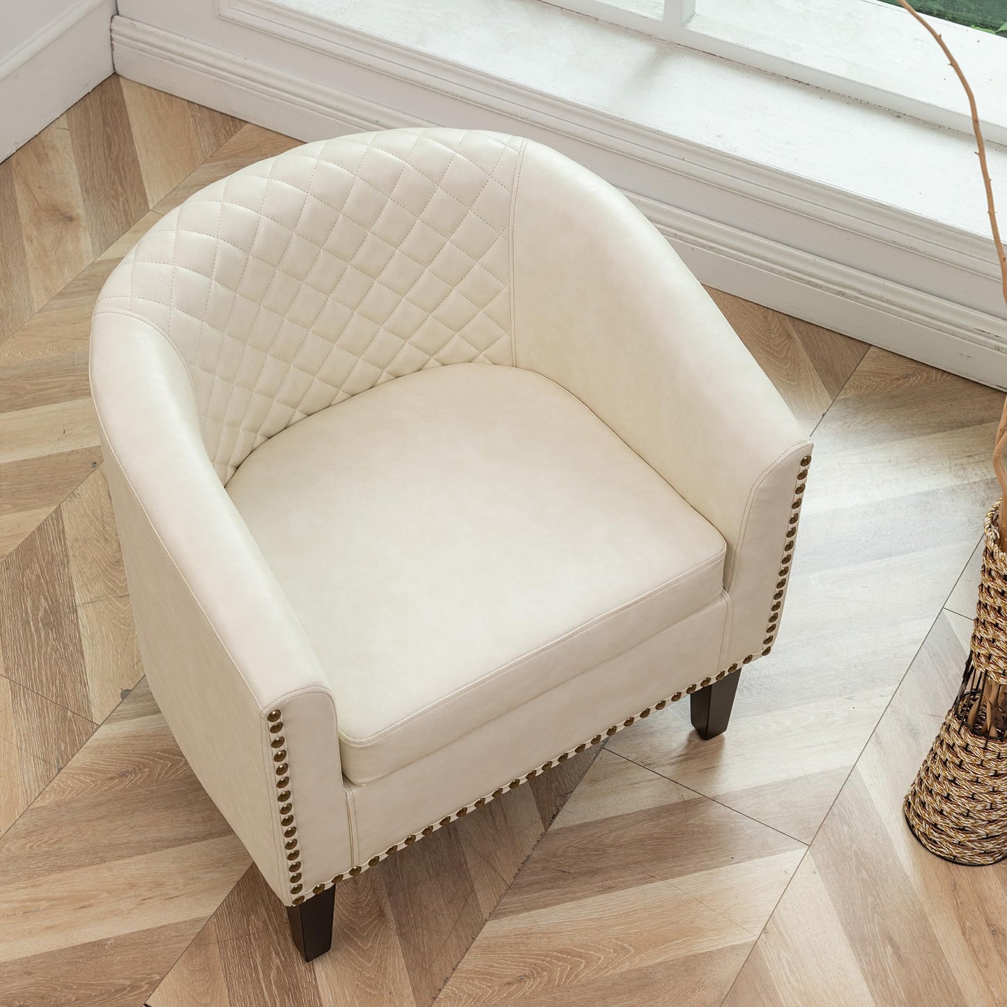 KINWELL 29" W Modern Faux Vegan Leather Barrel Chair, PU Upholstered Tufted Accent Club Chairs with Nailhead Trim, Small Armchair for Living Room Bedroom Apartment Lounge Nursery, Cream