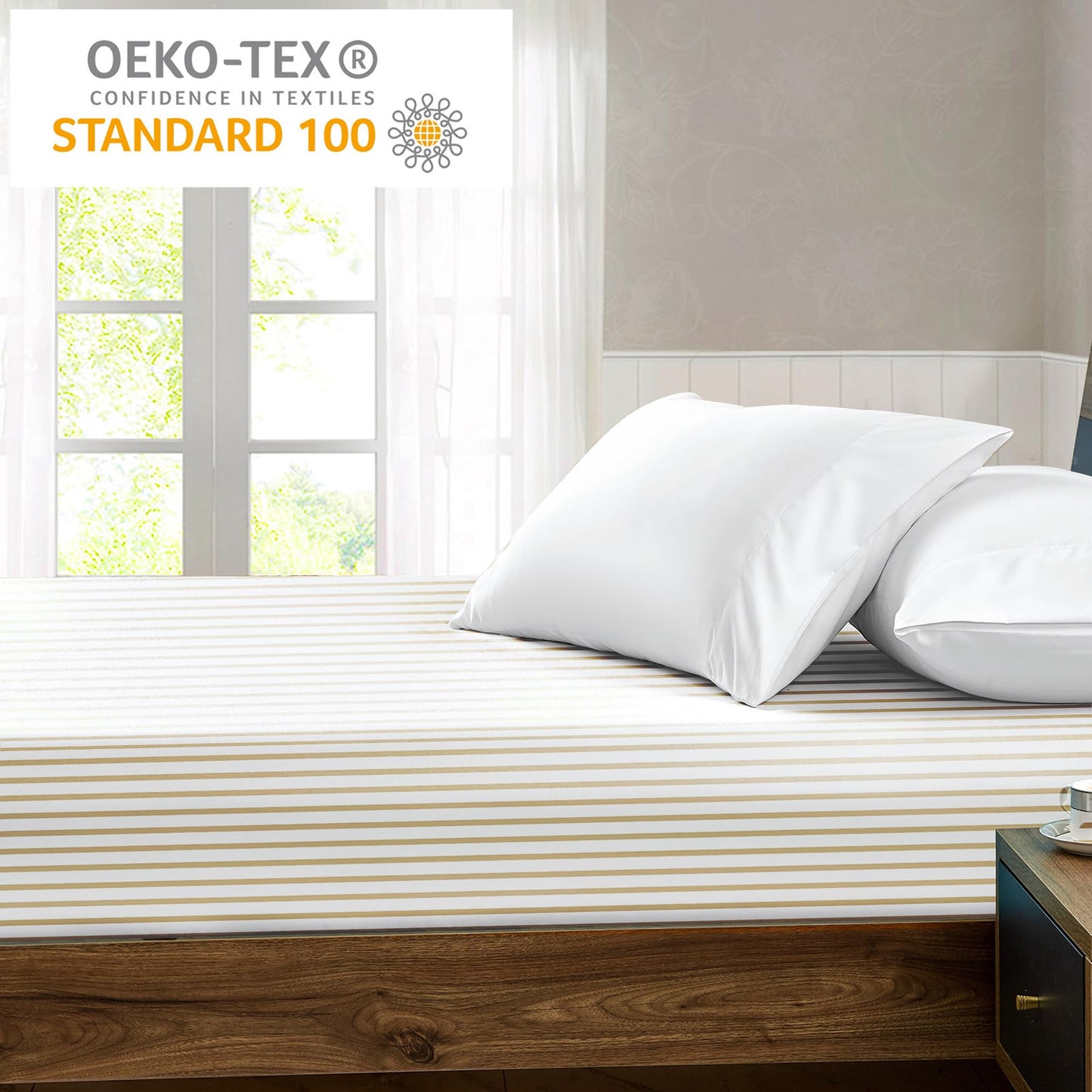 FreshCulture Queen Fitted Sheet - Hotel Quality, Ultra Soft & Breathable Brushed Microfiber, Deep Pocket, Cooling Fitted Sheets for Queen Size Bed (Stripe Beige)