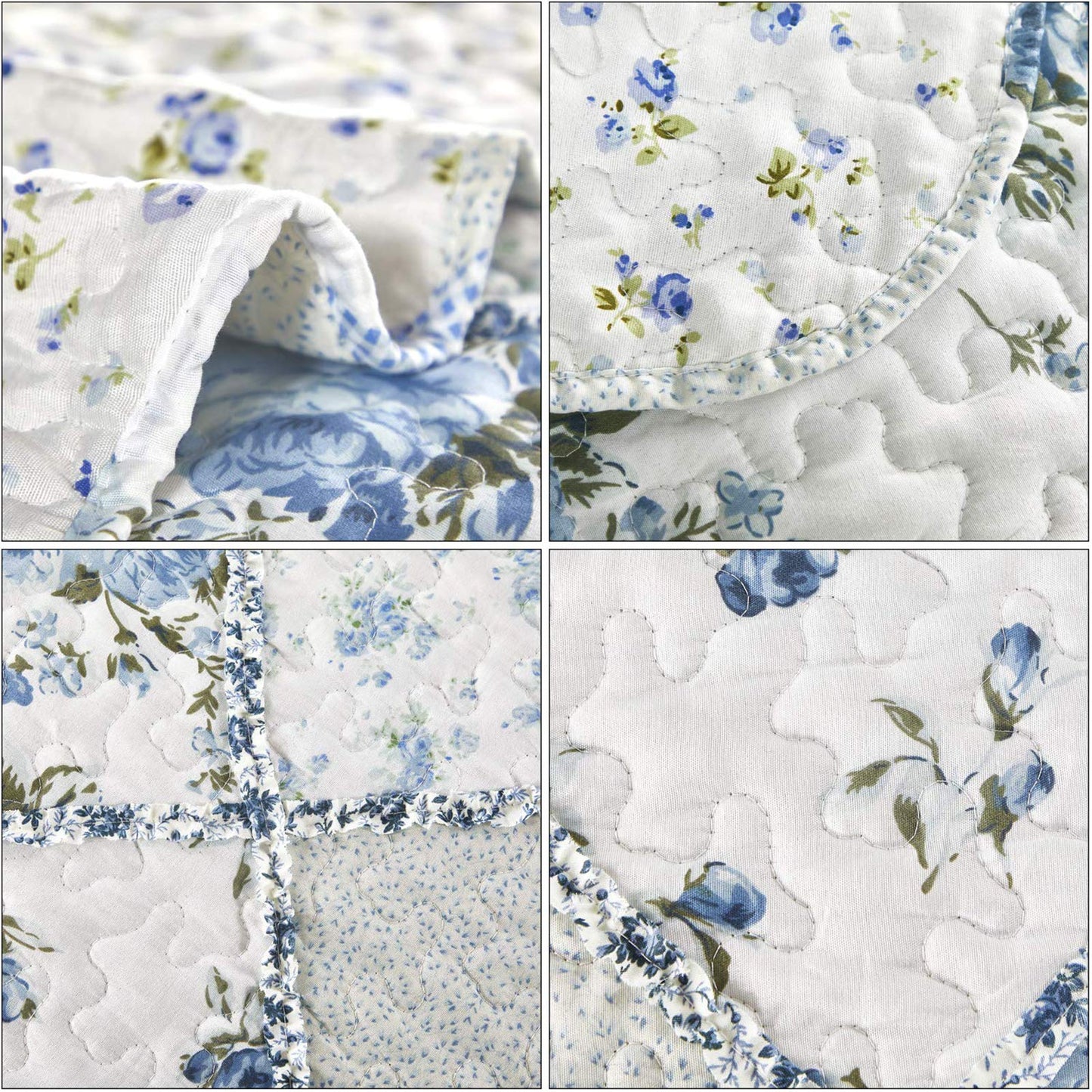 VIVILINEN Blue Floral Patchwork Quilt Set, Full Queen Size, 3 Piece Bedding Set with 2 Pillowcases