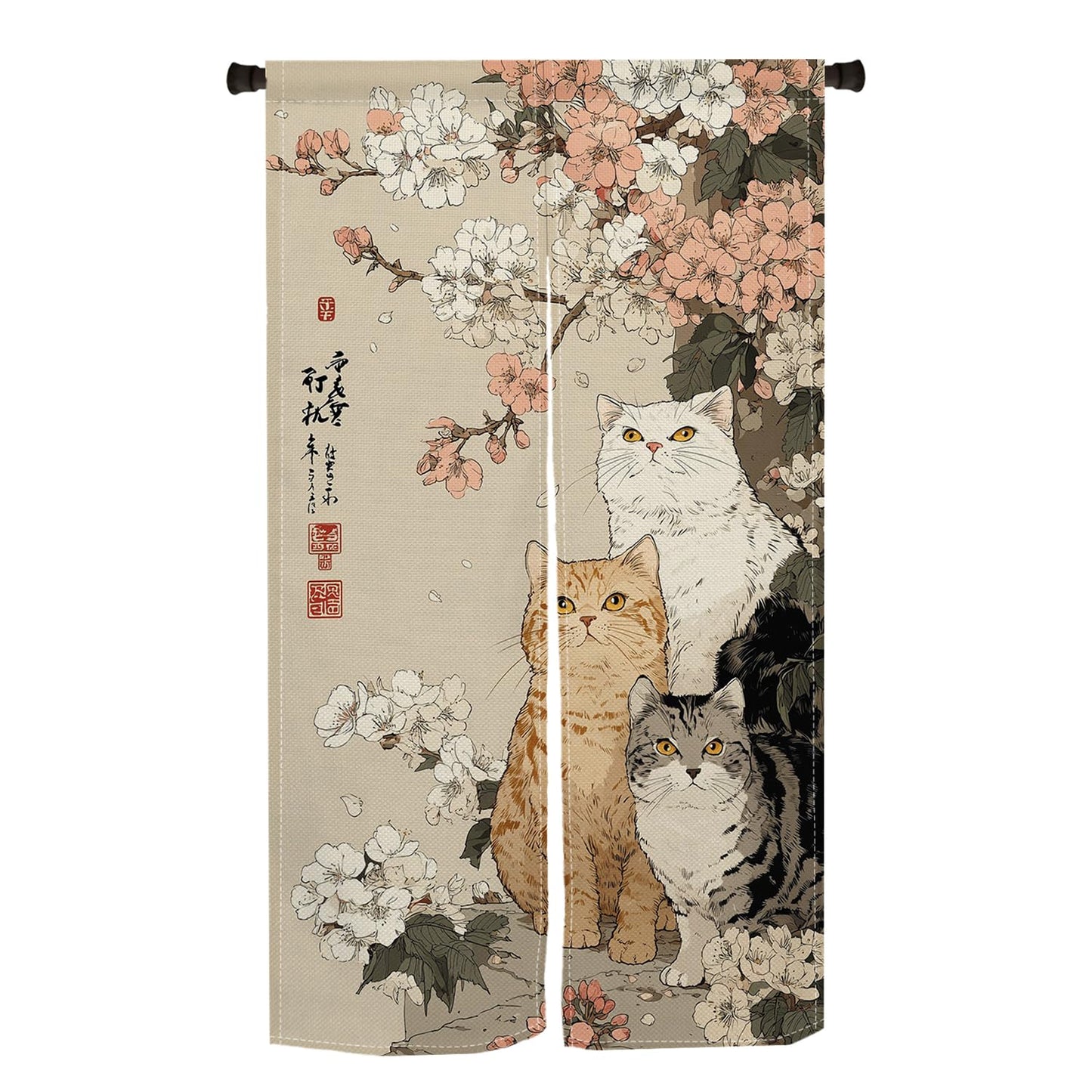 Leowefowa Noren Japanese Doorway Curtain Cat with Cherry Blossom Traditional Chinese Printed Door Curtains Retro Floral Animal Window Treatment Panel for Room Divider Home Kitchen Decor, 33.5x59inch