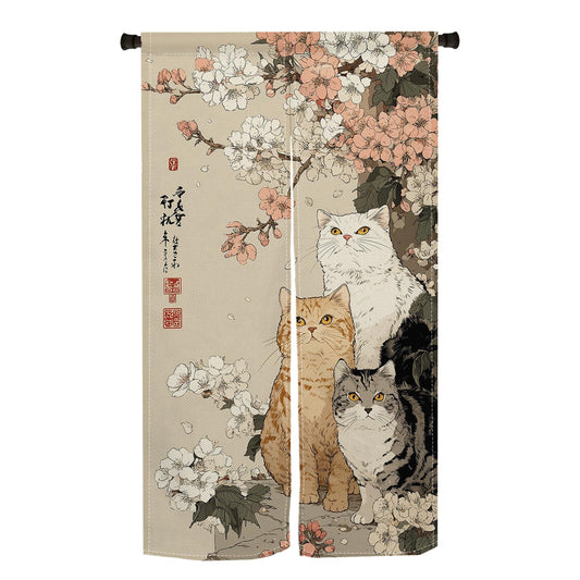 Leowefowa Noren Japanese Doorway Curtain Cat with Cherry Blossom Traditional Chinese Printed Door Curtains Retro Floral Animal Window Treatment Panel for Room Divider Home Kitchen Decor, 33.5x59inch