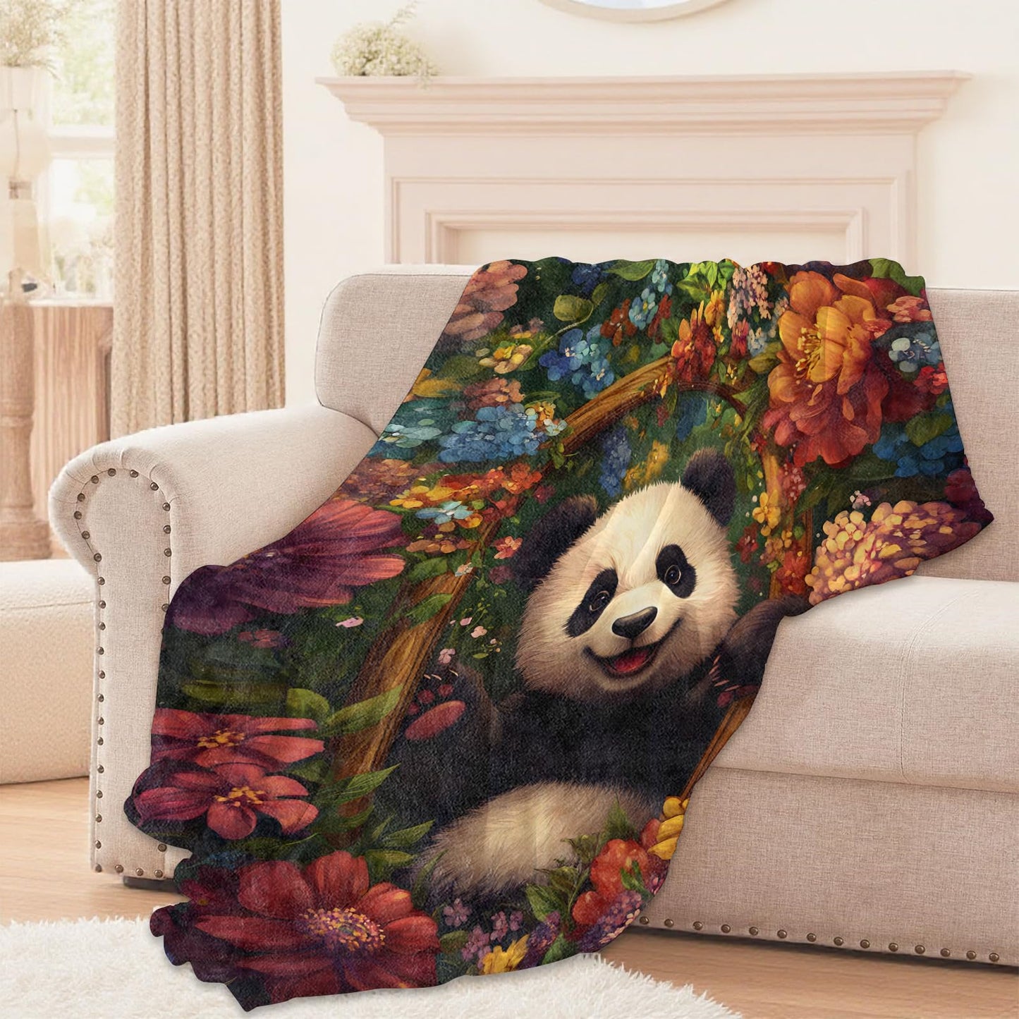 Lugiu Cheerful Panda Blanket, Lightweight Comfy Cute Pandas in Floral Frame Blankets for Couch Sofa Bedroom, Soft Plush Travel Flannel Throw Blanket Gifts for Adults Kids Women, Home Decor 60×50in