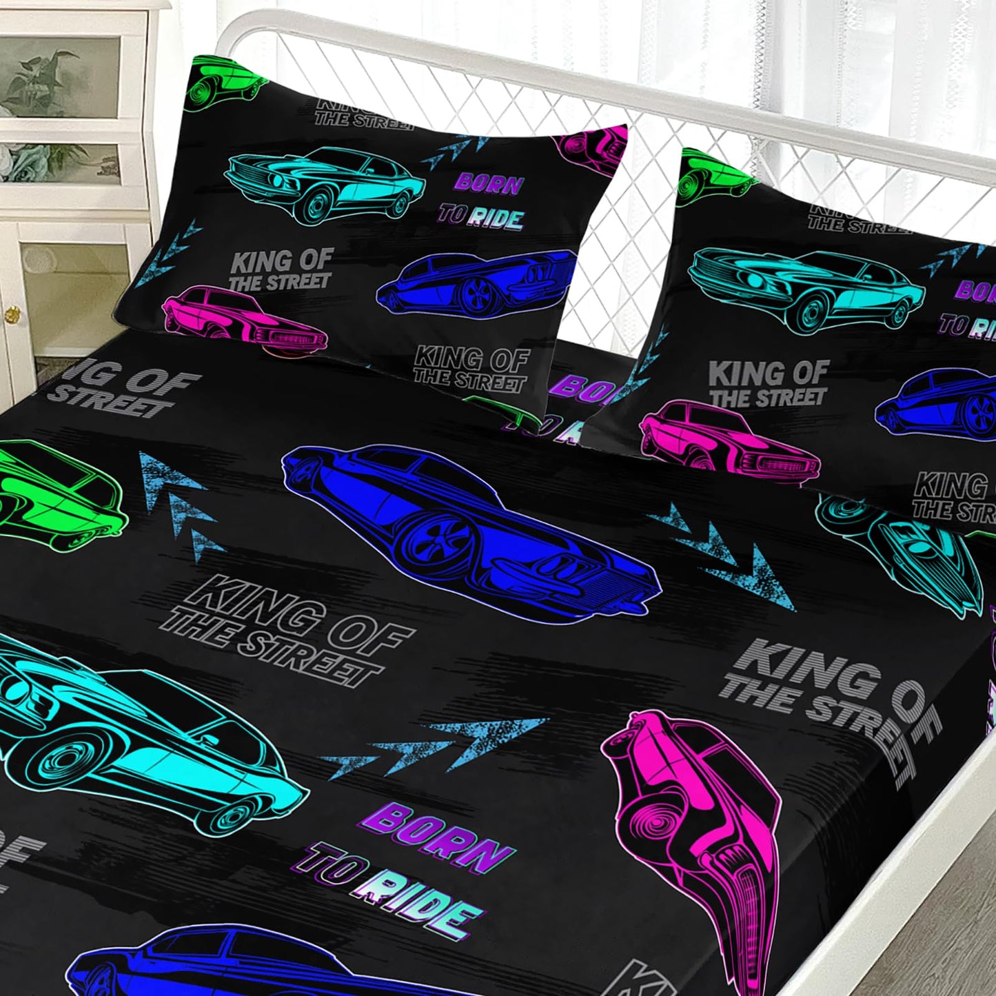 AILONEN Racing Car Fitted Sheet Queen Size, Fast and Furious Extreme Sport Games Bedding Sets for Kids Boys Teens,Cartoon Sports Car Bed Sheet Set,1 Deep Pocket 2 Pillowcases,3 Pcs