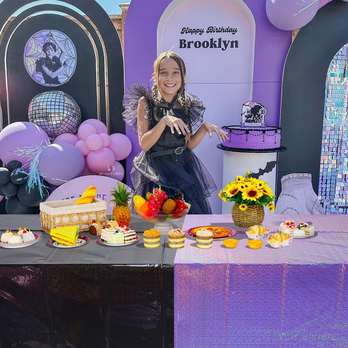 2 Pack Iridescent Black and Purple Plastic Tablecloth 54x108 Inch, Holographic Laser Disposable Table Cover, Rectangle Black and Purple Table Cloth for Halloween Holiday Birthday Party Decorations