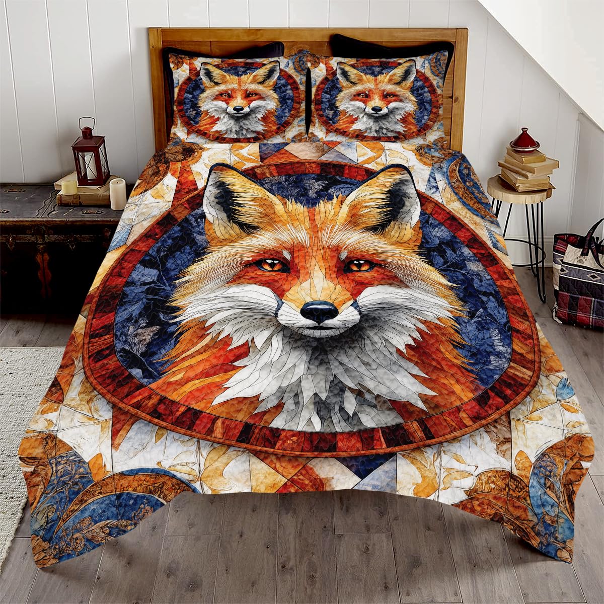 Jeminise Fox Patchwork Pattern Quilt Set, Animal Quilt Set Patchwork Style, Premium Quilt Pattern Bedspread for Mom Daughter, Fox Bedding Quilt (Full/Throw/Queen/King/Twin Size)