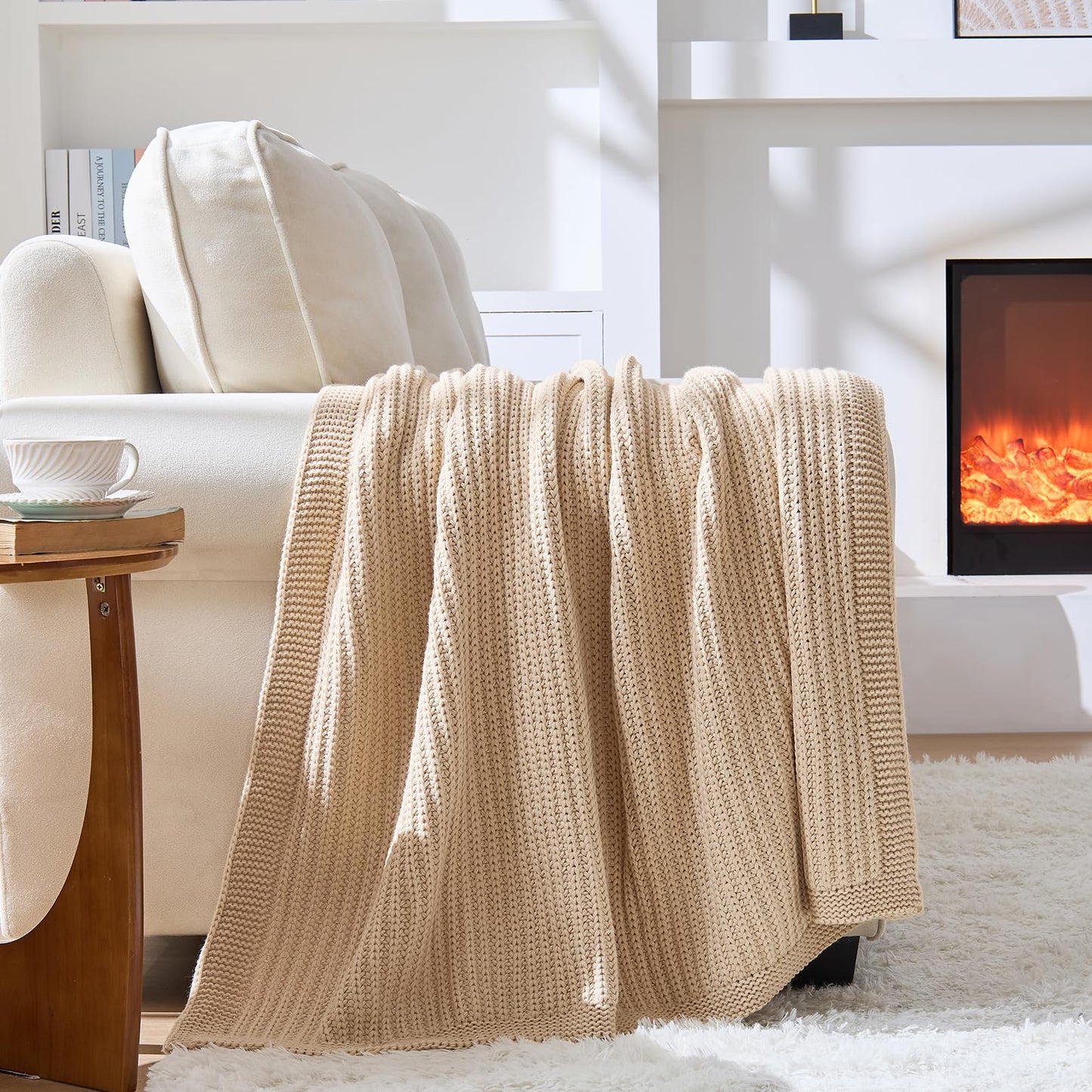 Chunky Knit Beige Throw Blanket for Couch Soft Cozy Thick Cable Knitted Throw for Sofa Bed Cute Decorative Blanket for Living Room,50"x 60",Ginger Beige